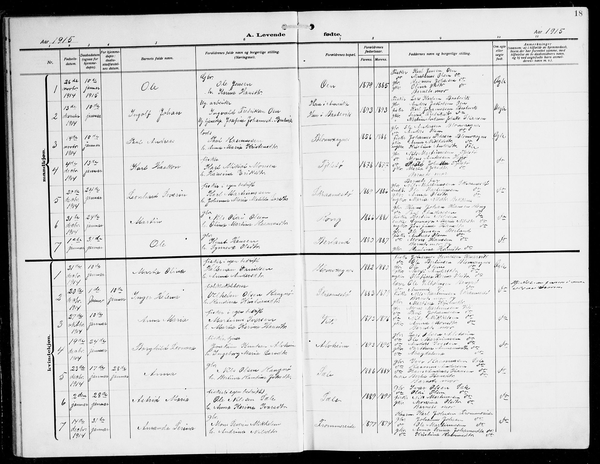 Herdla Sokneprestembete, AV/SAB-A-75701/H/Hab: Parish register (copy) no. C 2, 1913-1926, p. 18