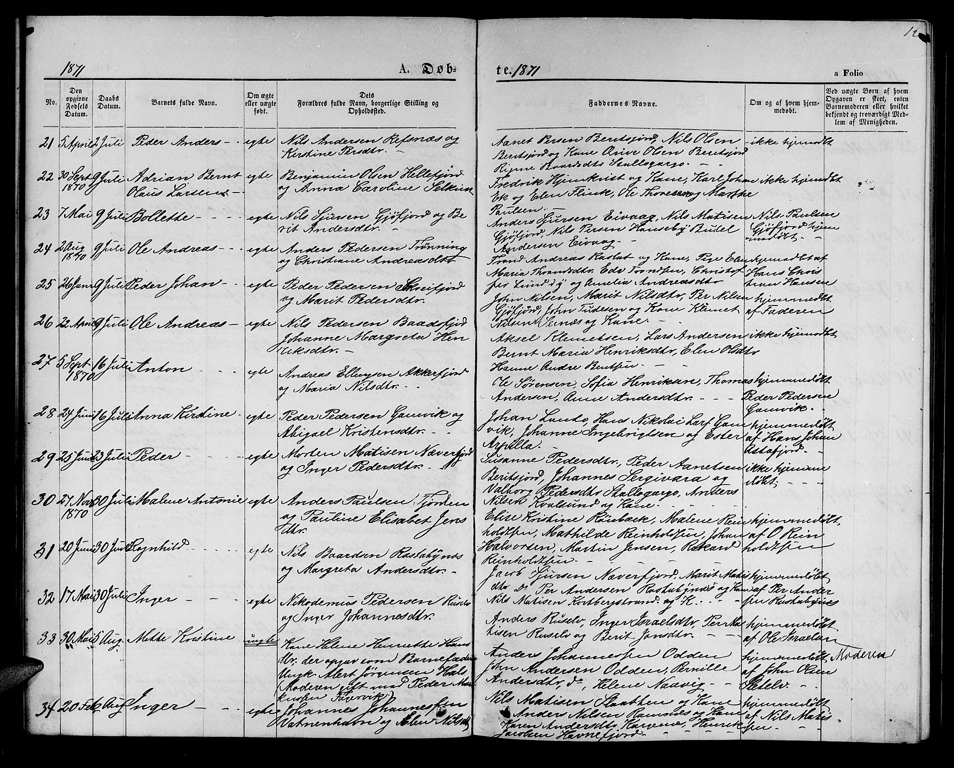 Hammerfest sokneprestkontor, SATØ/S-1347/H/Hb/L0005.klokk: Parish register (copy) no. 5, 1869-1884, p. 12