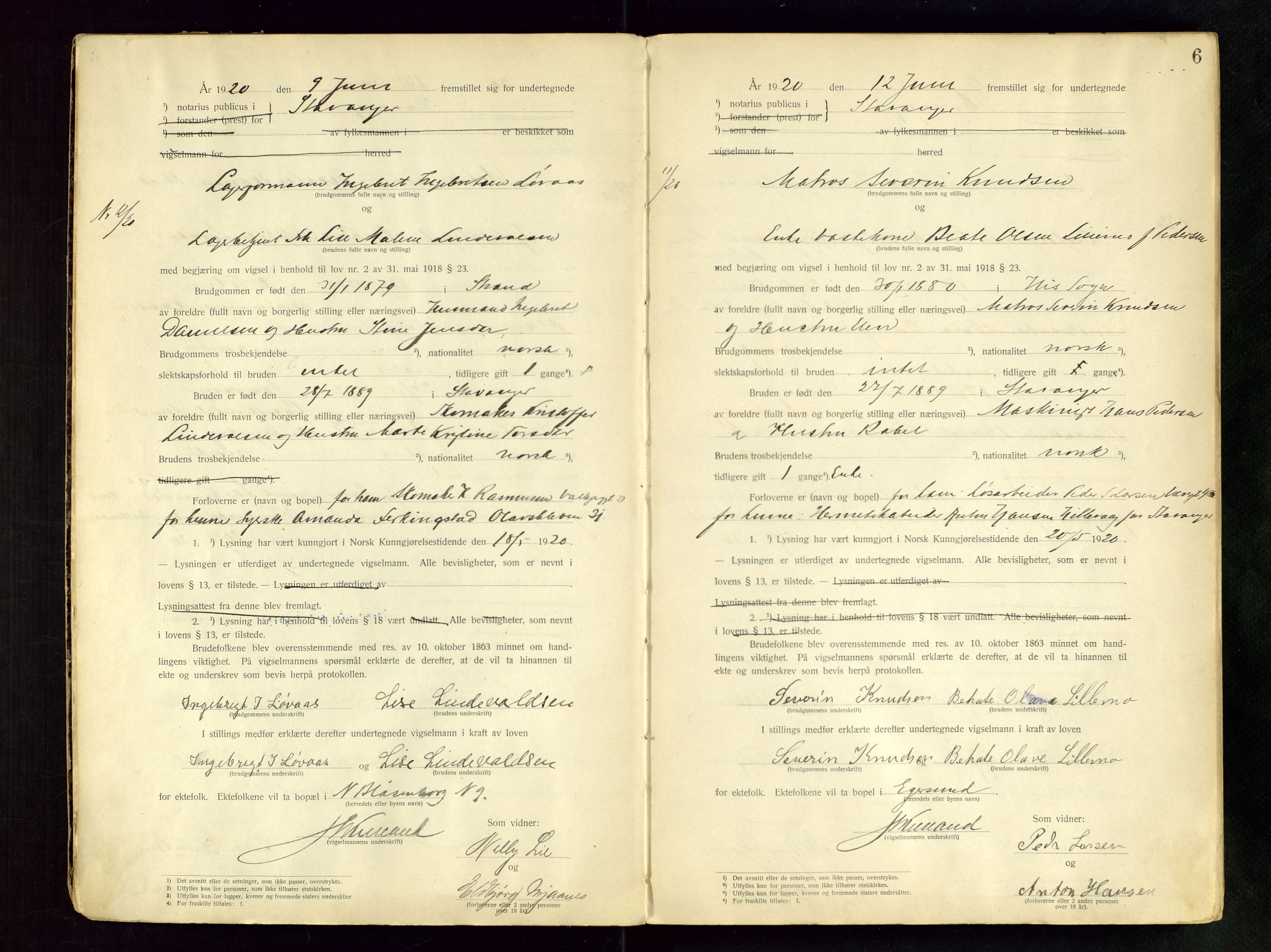 Stavanger byfogd, AV/SAST-A-101408/001/6/62/62BB/L0001: Vigselsprotokoll, 1920-1926, p. 6