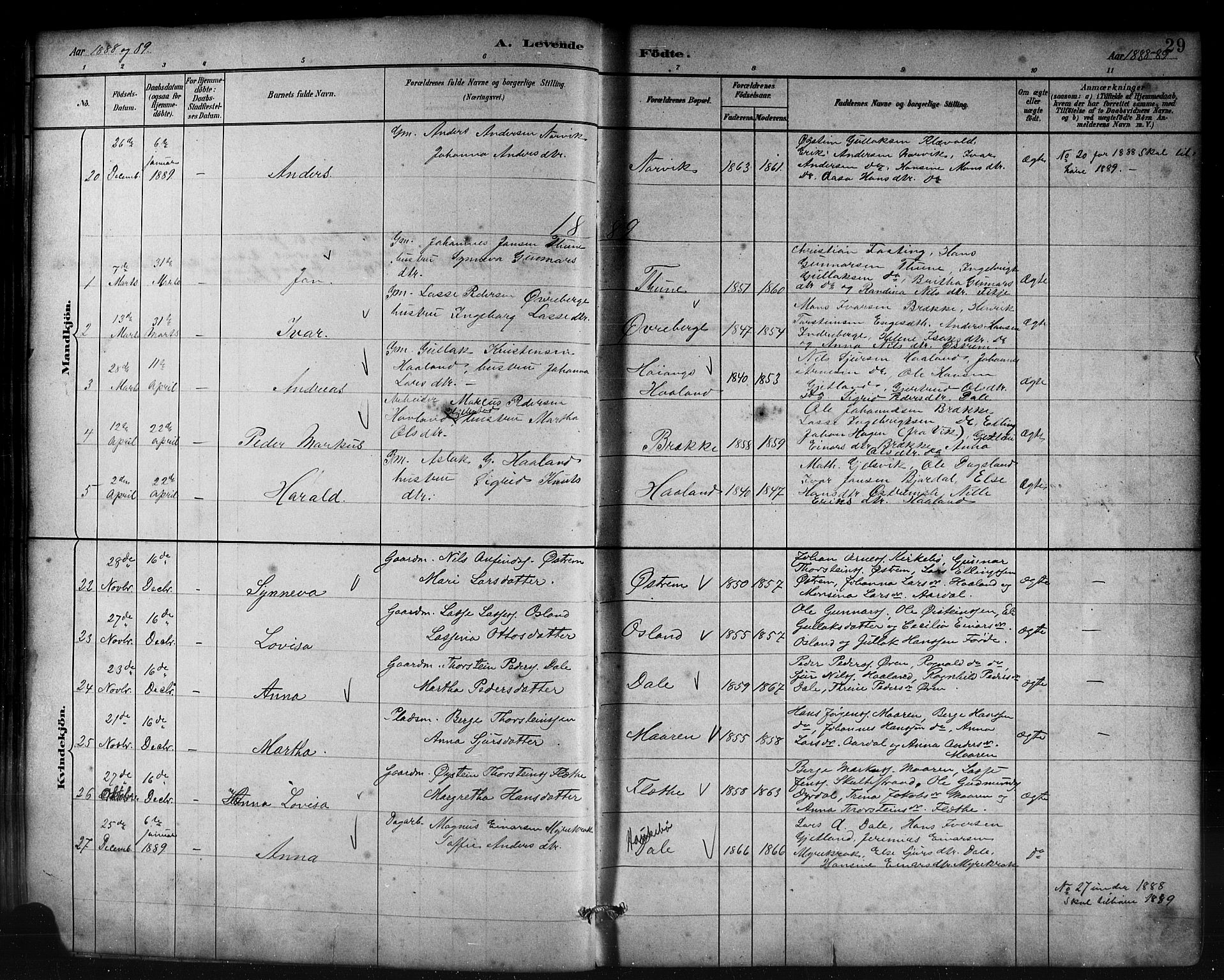 Lavik sokneprestembete, AV/SAB-A-80901: Parish register (copy) no. B 3, 1882-1913, p. 29