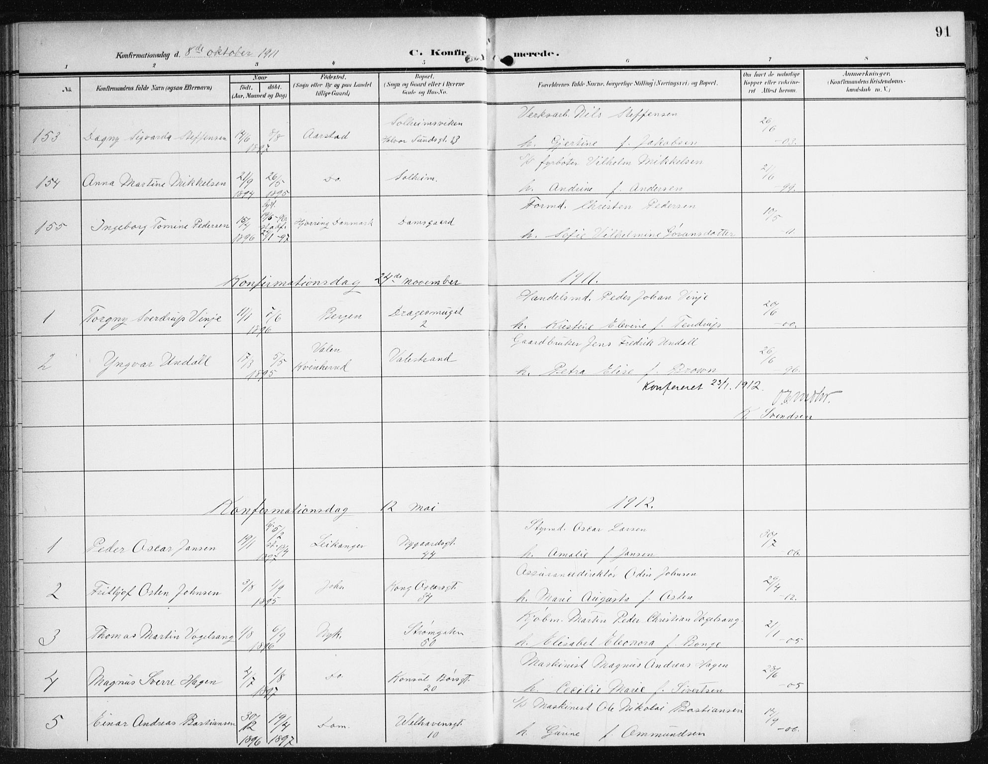 Johanneskirken sokneprestembete, SAB/A-76001/H/Haa/L0009: Parish register (official) no. C 2, 1907-1924, p. 91