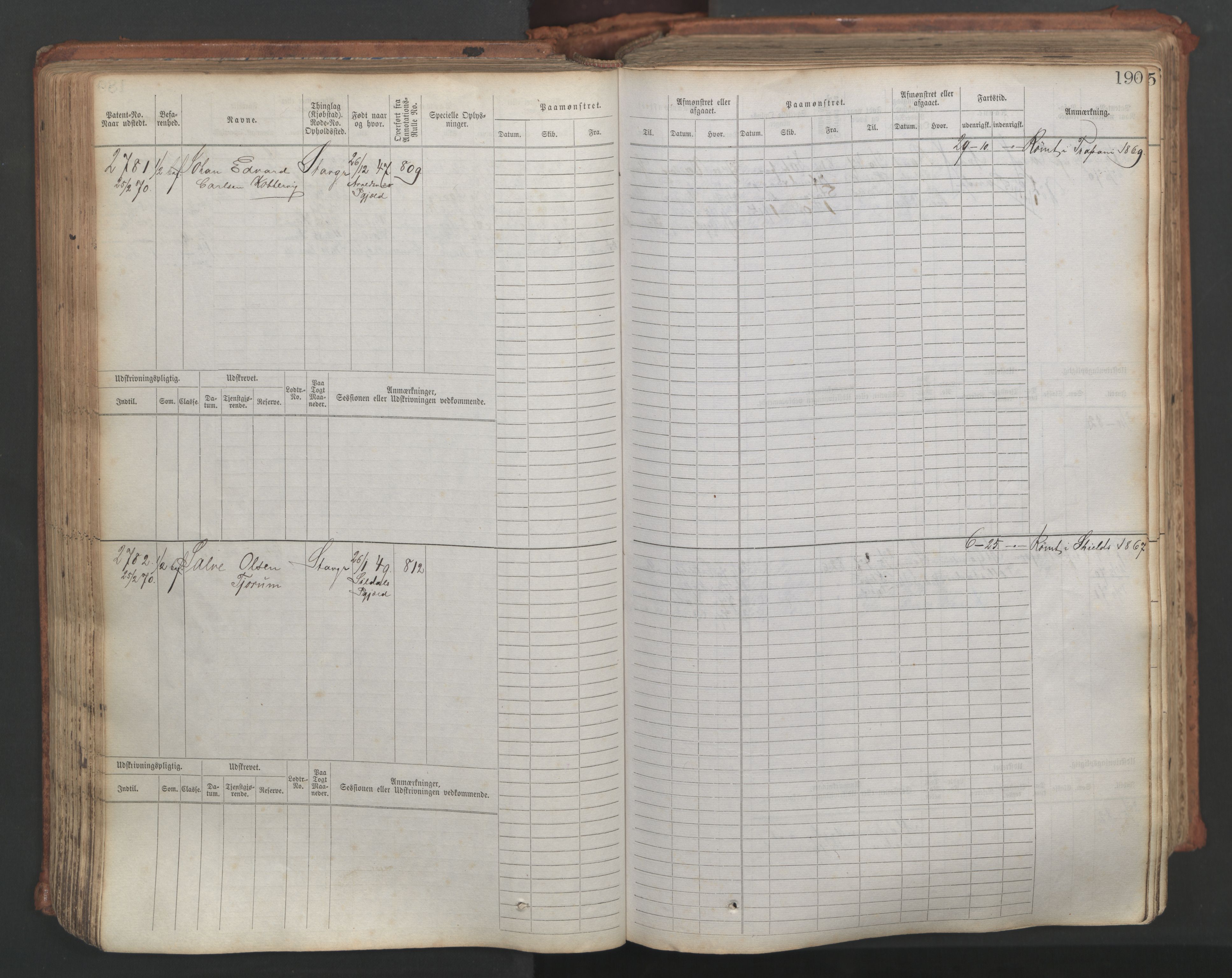 Stavanger sjømannskontor, AV/SAST-A-102006/F/Fb/Fbb/L0007: Sjøfartshovedrulle, patentnr. 2403-3604, 1869-1880, p. 218