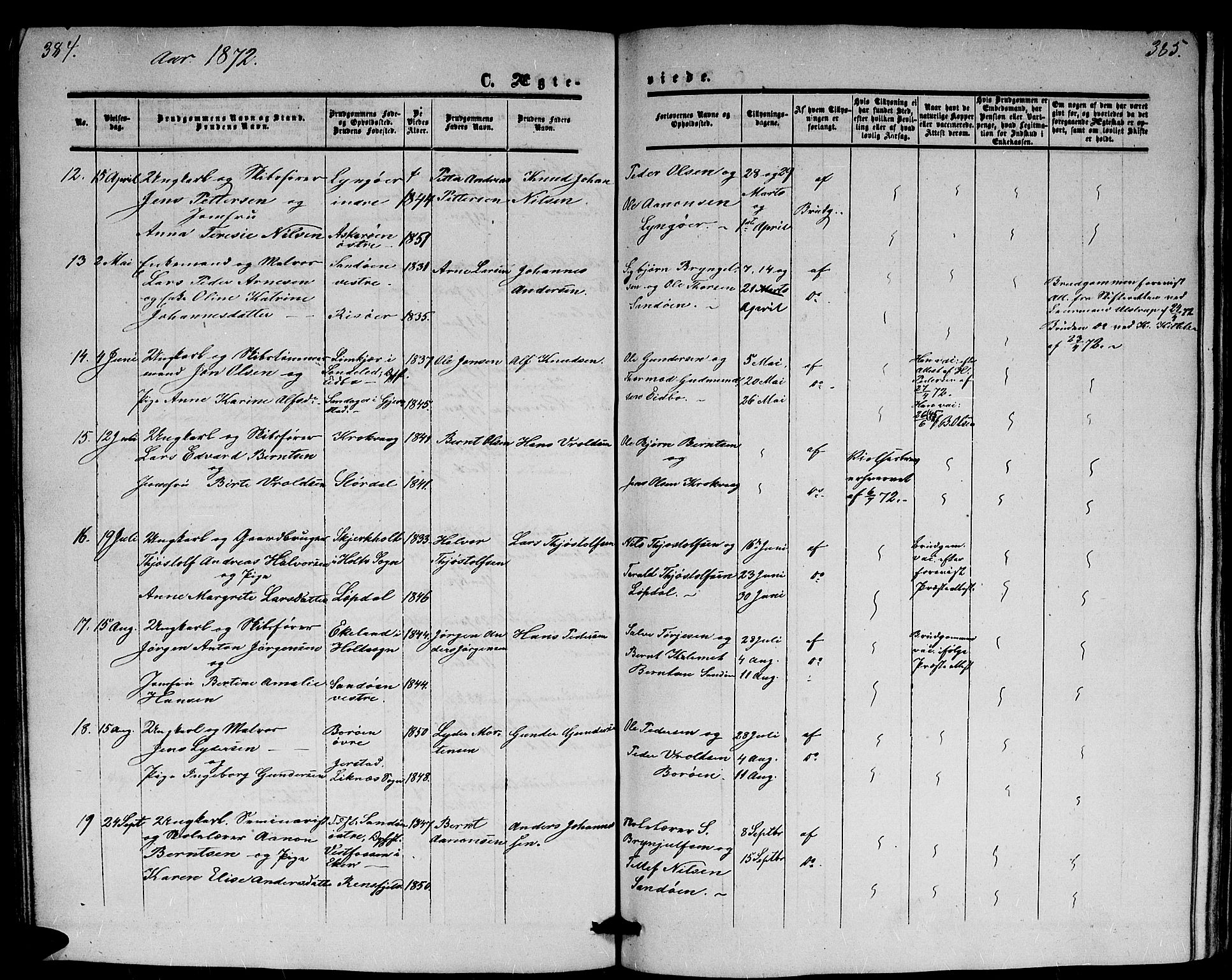 Dypvåg sokneprestkontor, AV/SAK-1111-0007/F/Fb/Fba/L0011: Parish register (copy) no. B 11, 1857-1872, p. 384-385