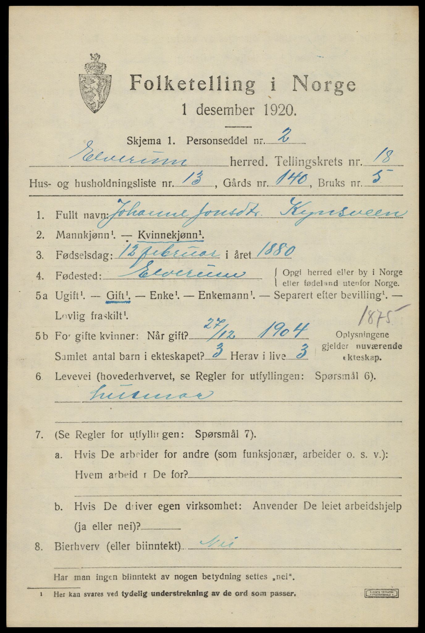 SAH, 1920 census for Elverum, 1920, p. 22214