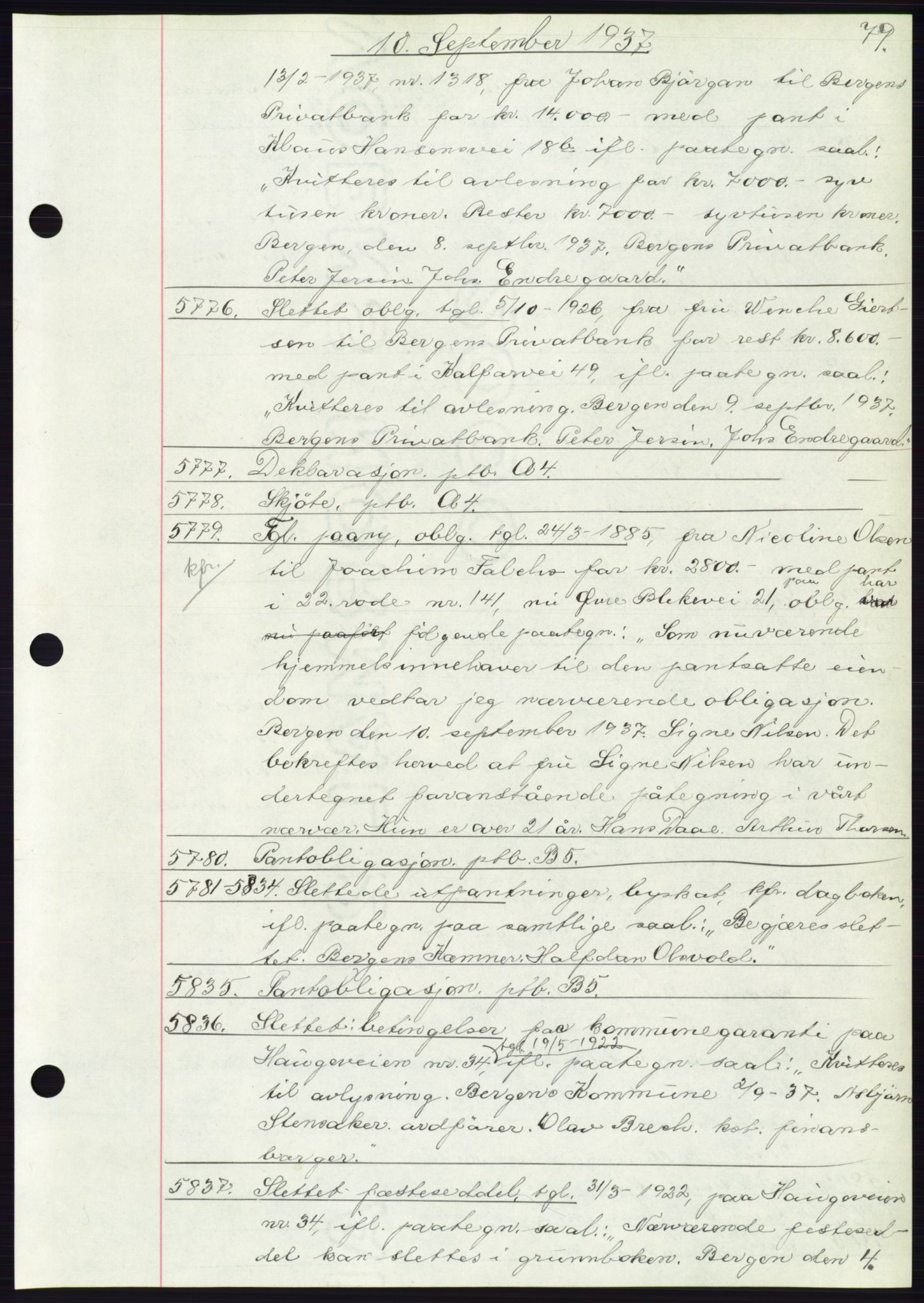 Byfogd og Byskriver i Bergen, AV/SAB-A-3401/03: Mortgage book no. C 5, 1937-1937, Diary no: : 5776/1937