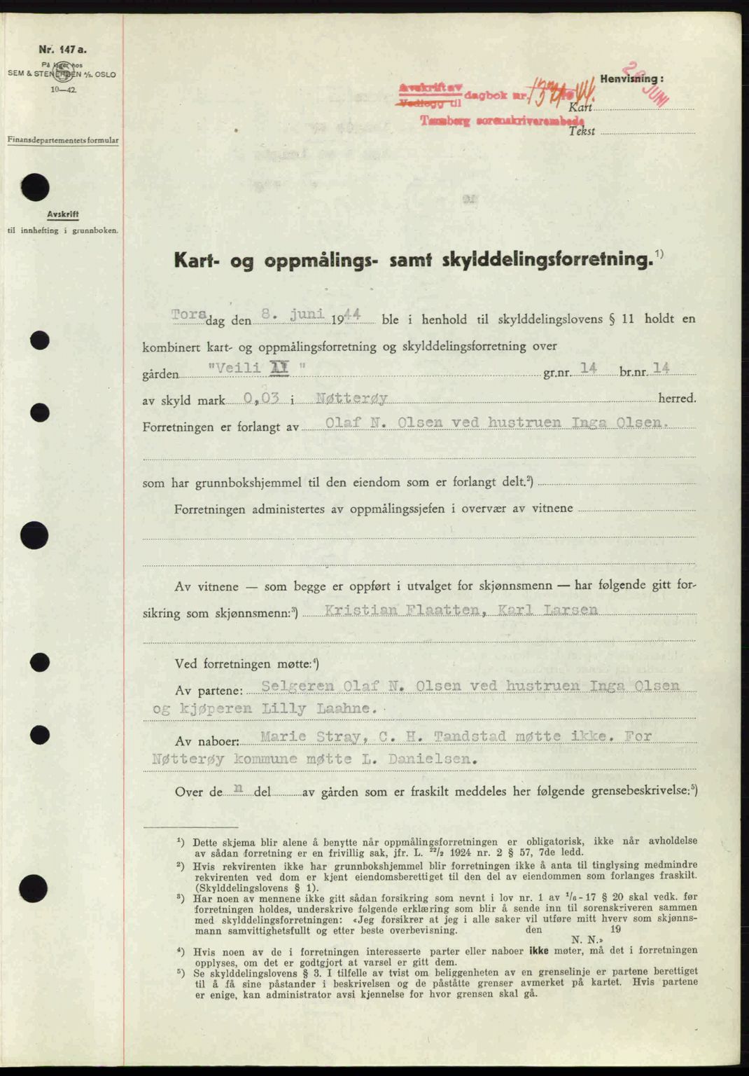 Tønsberg sorenskriveri, AV/SAKO-A-130/G/Ga/Gaa/L0015: Mortgage book no. A15, 1944-1944, Diary no: : 1371/1944