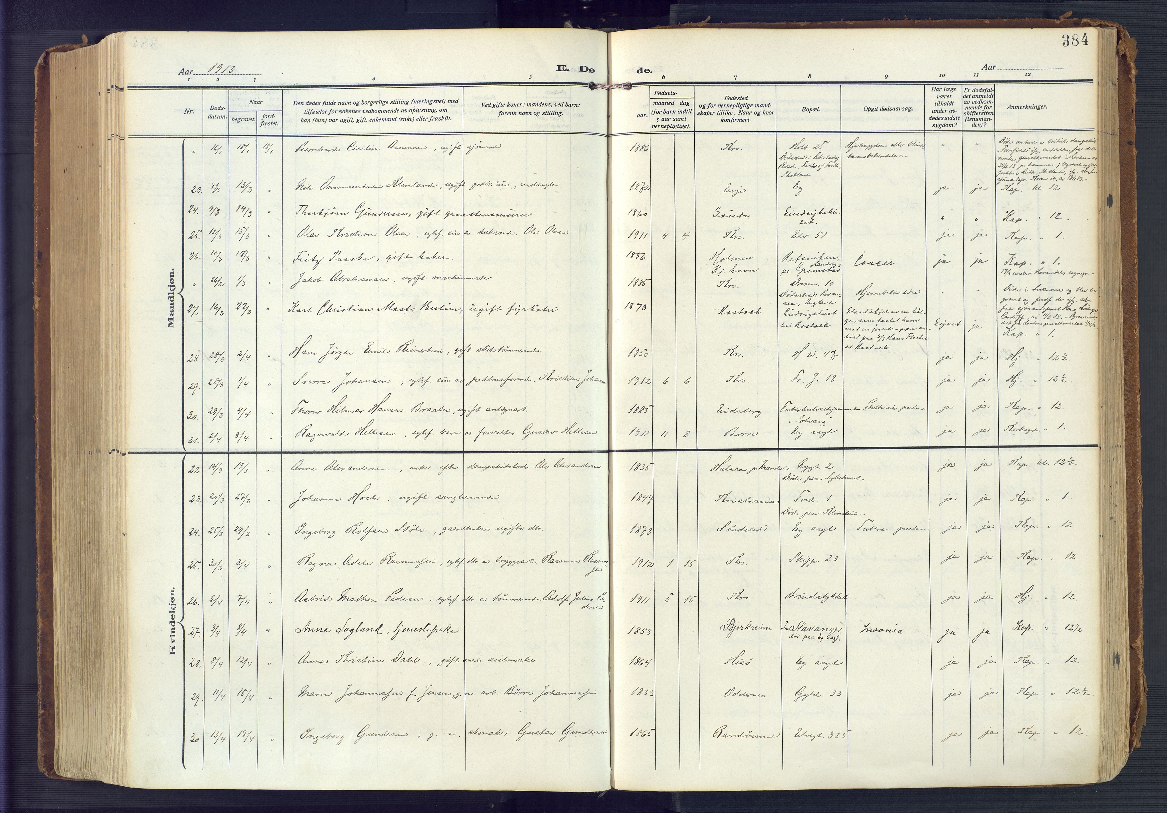 Kristiansand domprosti, AV/SAK-1112-0006/F/Fa/L0023: Parish register (official) no. A 22, 1909-1917, p. 384