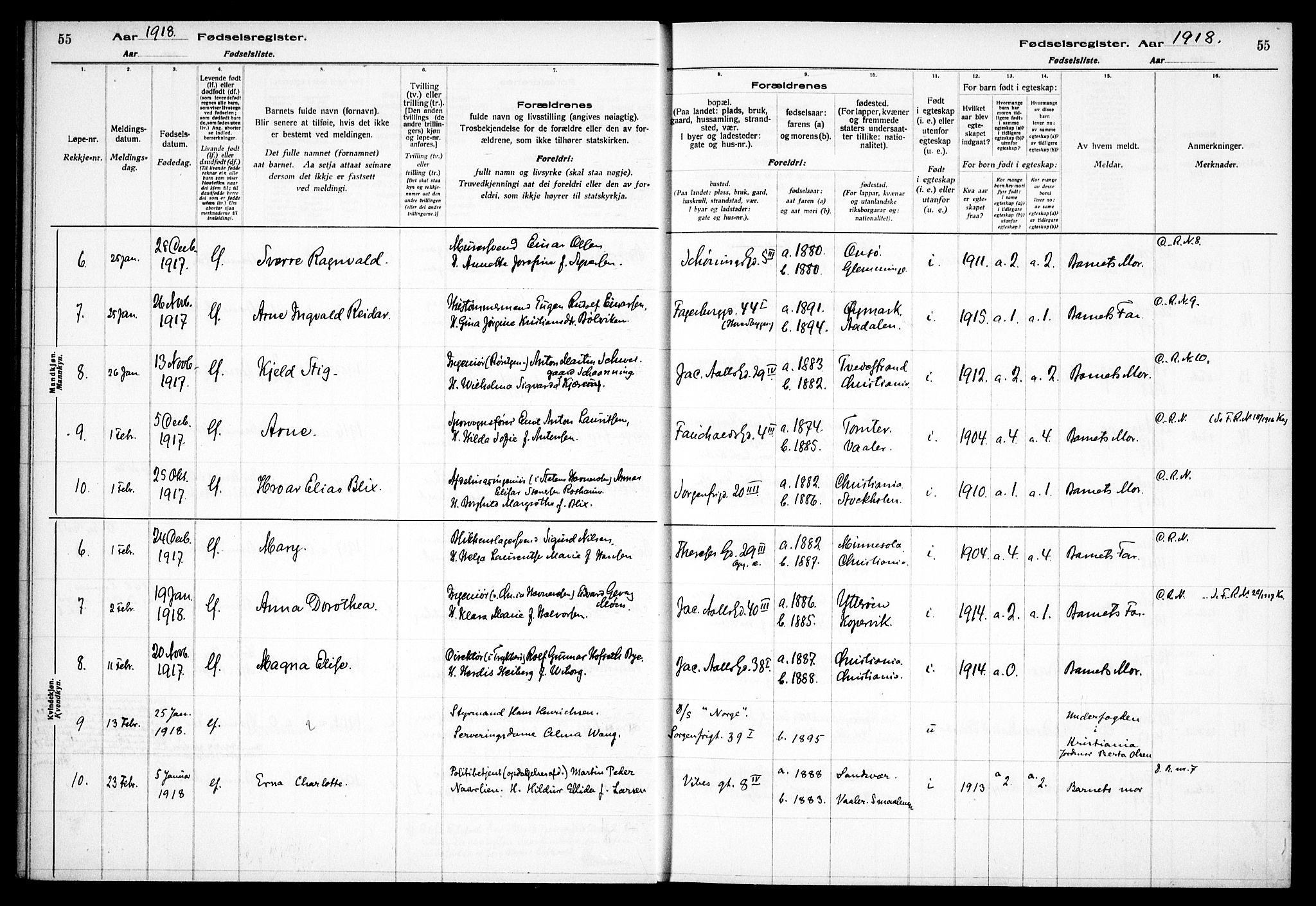 Fagerborg prestekontor Kirkebøker, AV/SAO-A-10844/J/Ja/L0001: Birth register no. 1, 1916-1925, p. 55