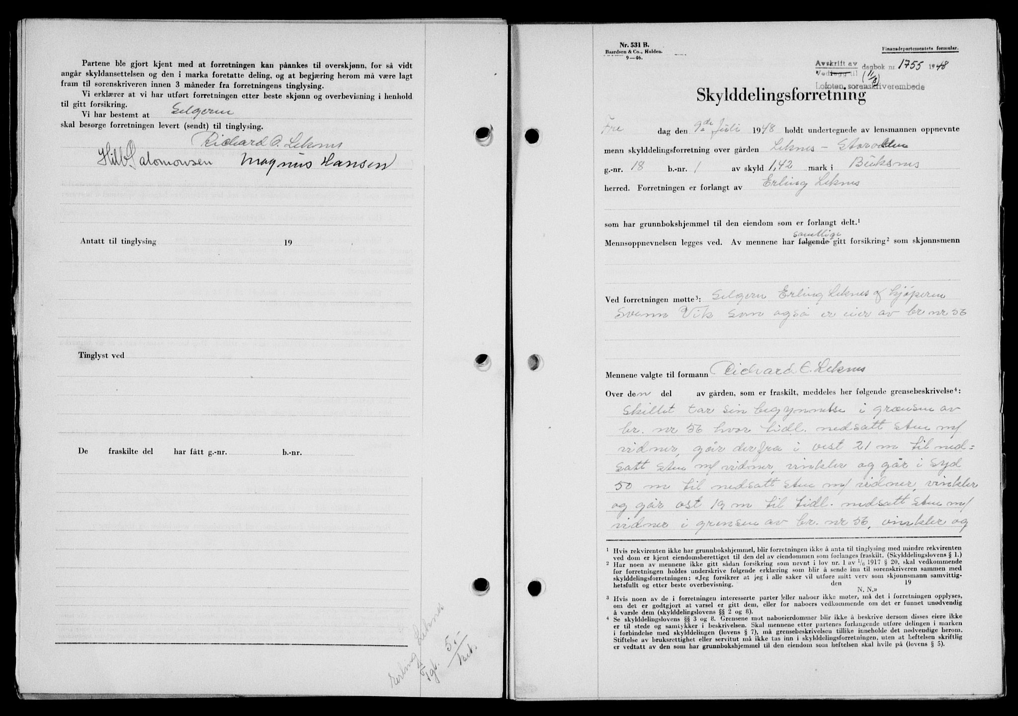 Lofoten sorenskriveri, SAT/A-0017/1/2/2C/L0019a: Mortgage book no. 19a, 1948-1948, Diary no: : 1755/1948