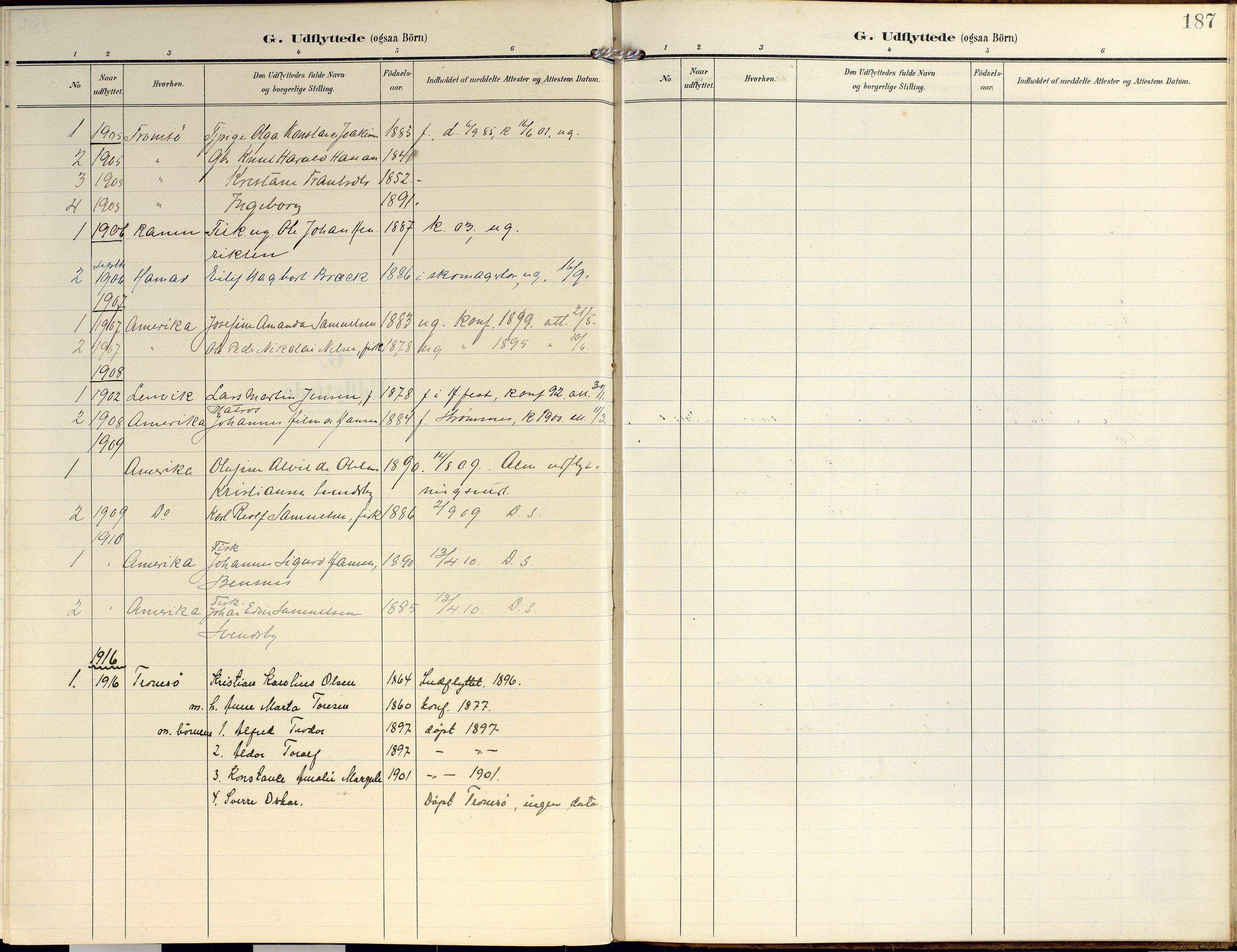 Lyngen sokneprestembete, AV/SATØ-S-1289/H/He/Hea/L0014kirke: Parish register (official) no. 14, 1905-1920, p. 187