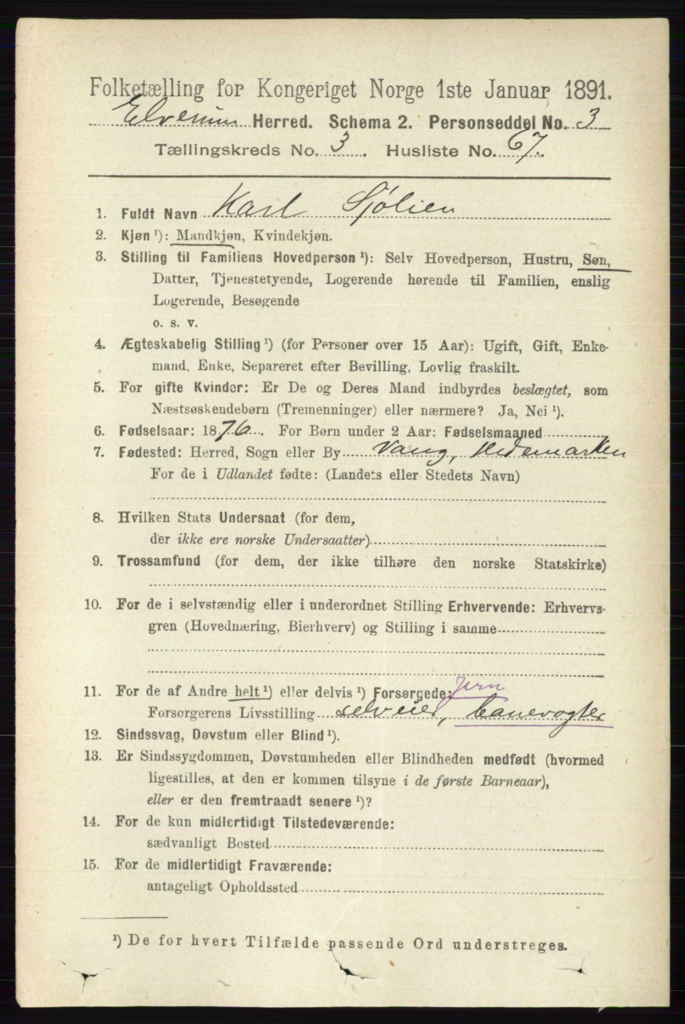 RA, 1891 census for 0427 Elverum, 1891, p. 2273