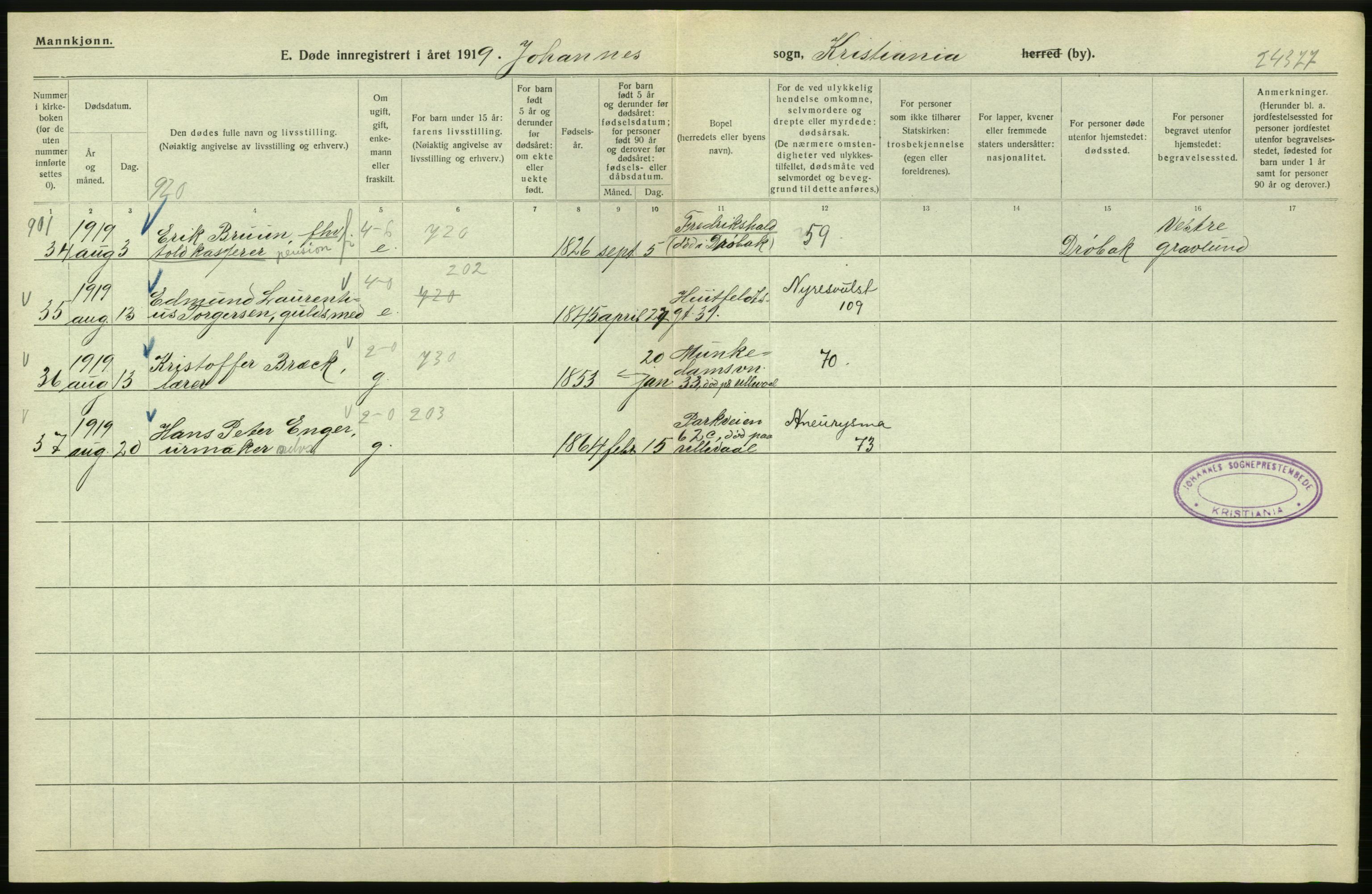 Statistisk sentralbyrå, Sosiodemografiske emner, Befolkning, AV/RA-S-2228/D/Df/Dfb/Dfbi/L0011: Kristiania: Døde, dødfødte, 1919