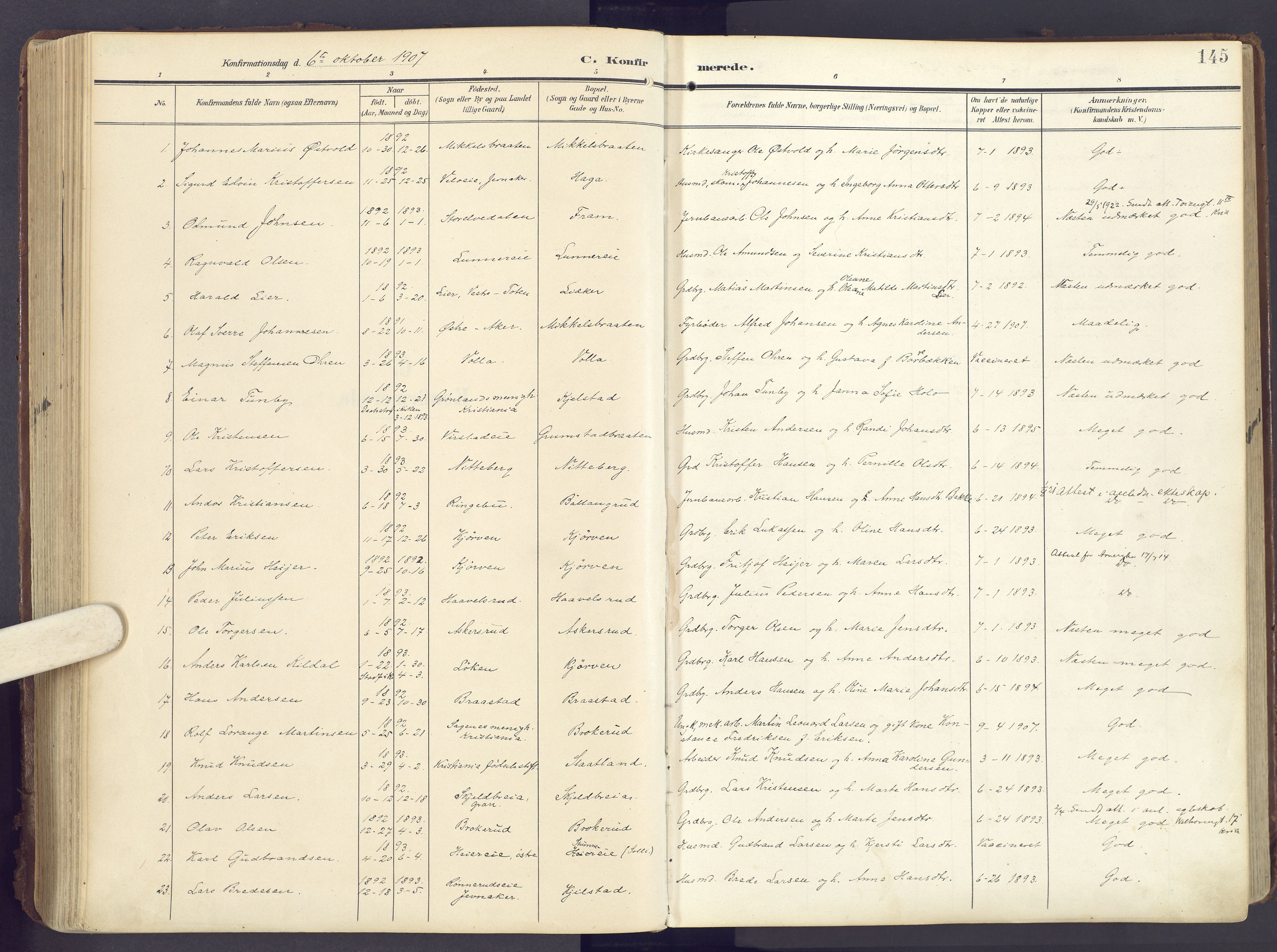 Lunner prestekontor, SAH/PREST-118/H/Ha/Haa/L0001: Parish register (official) no. 1, 1907-1922, p. 145