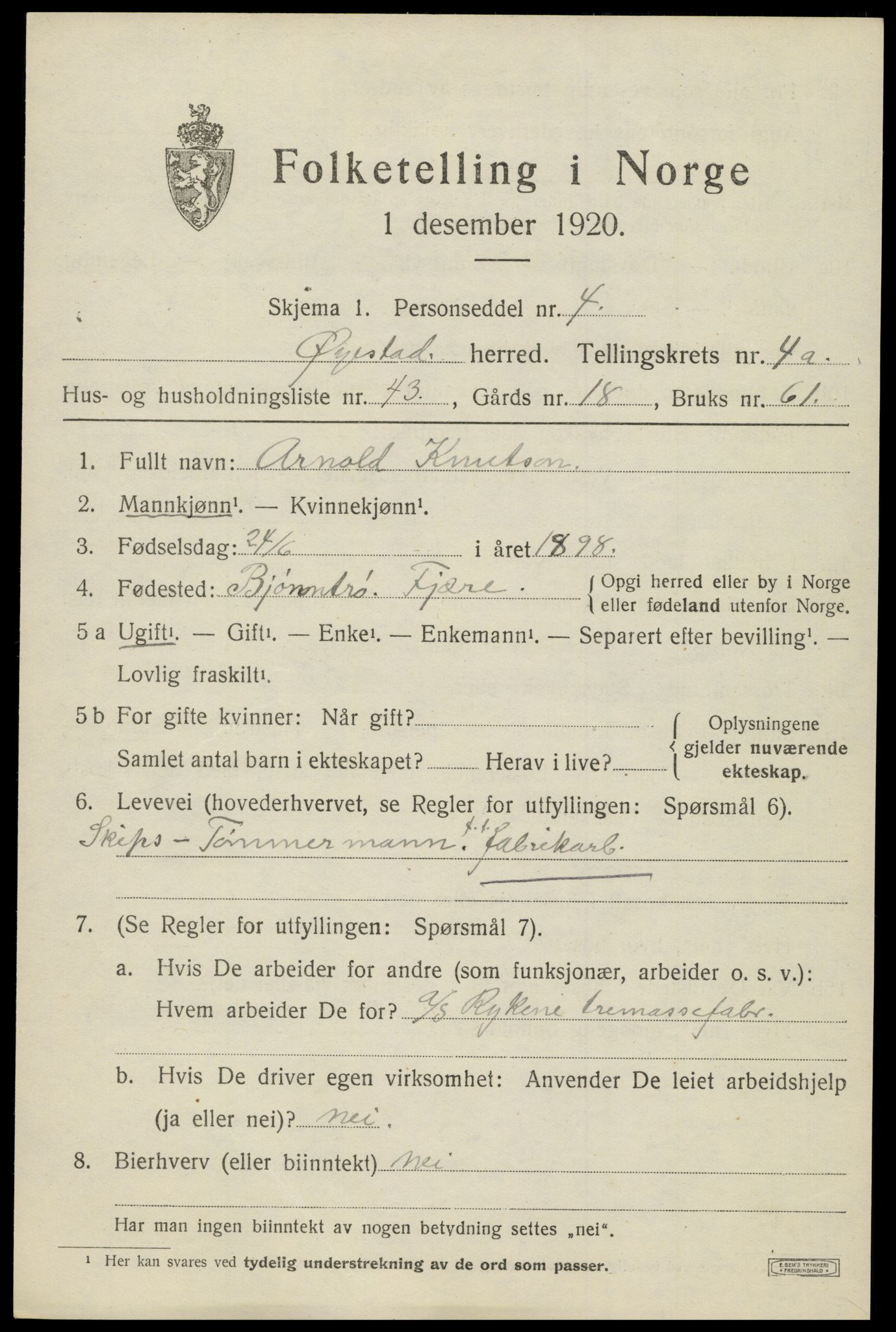 SAK, 1920 census for Øyestad, 1920, p. 3596