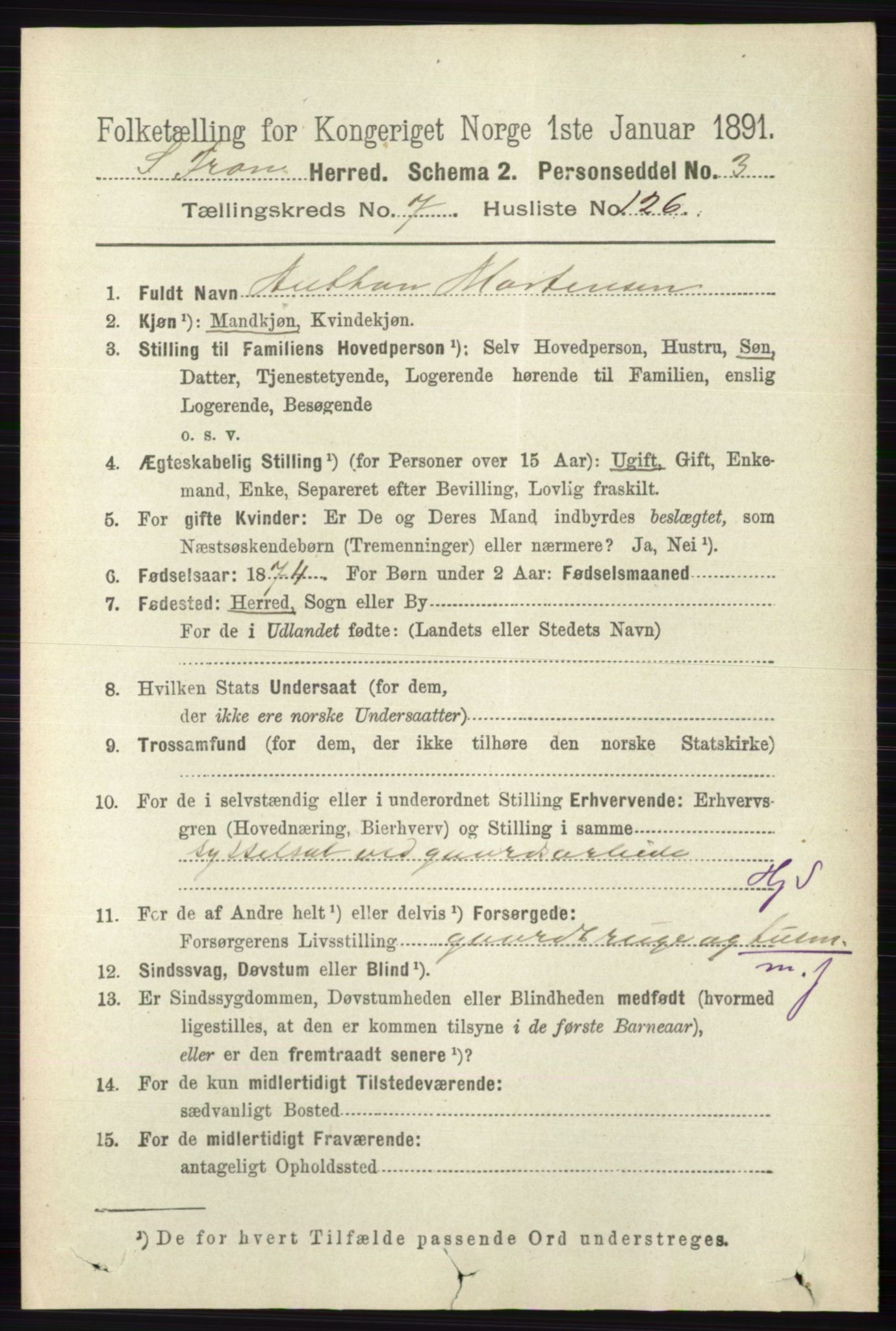 RA, 1891 census for 0519 Sør-Fron, 1891, p. 3700