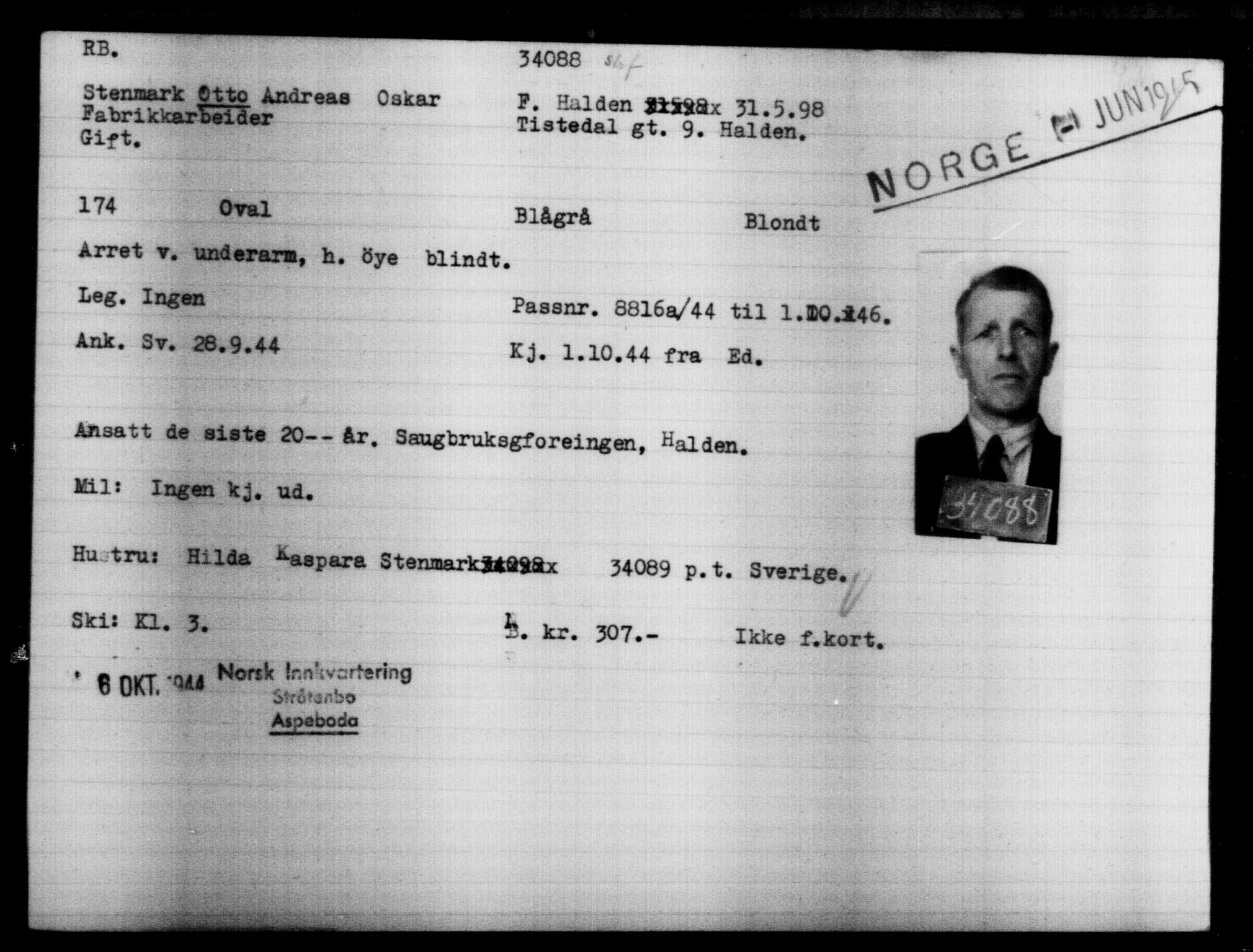 Utenriksstasjonene, Legasjonen i Stockholm, Flyktningkontoret, AV/RA-S-6753/V/Va/L0013: Kjesäterkartoteket, flyktninger med registreringsnr. 31500-34731, 1940-1945, p. 2730
