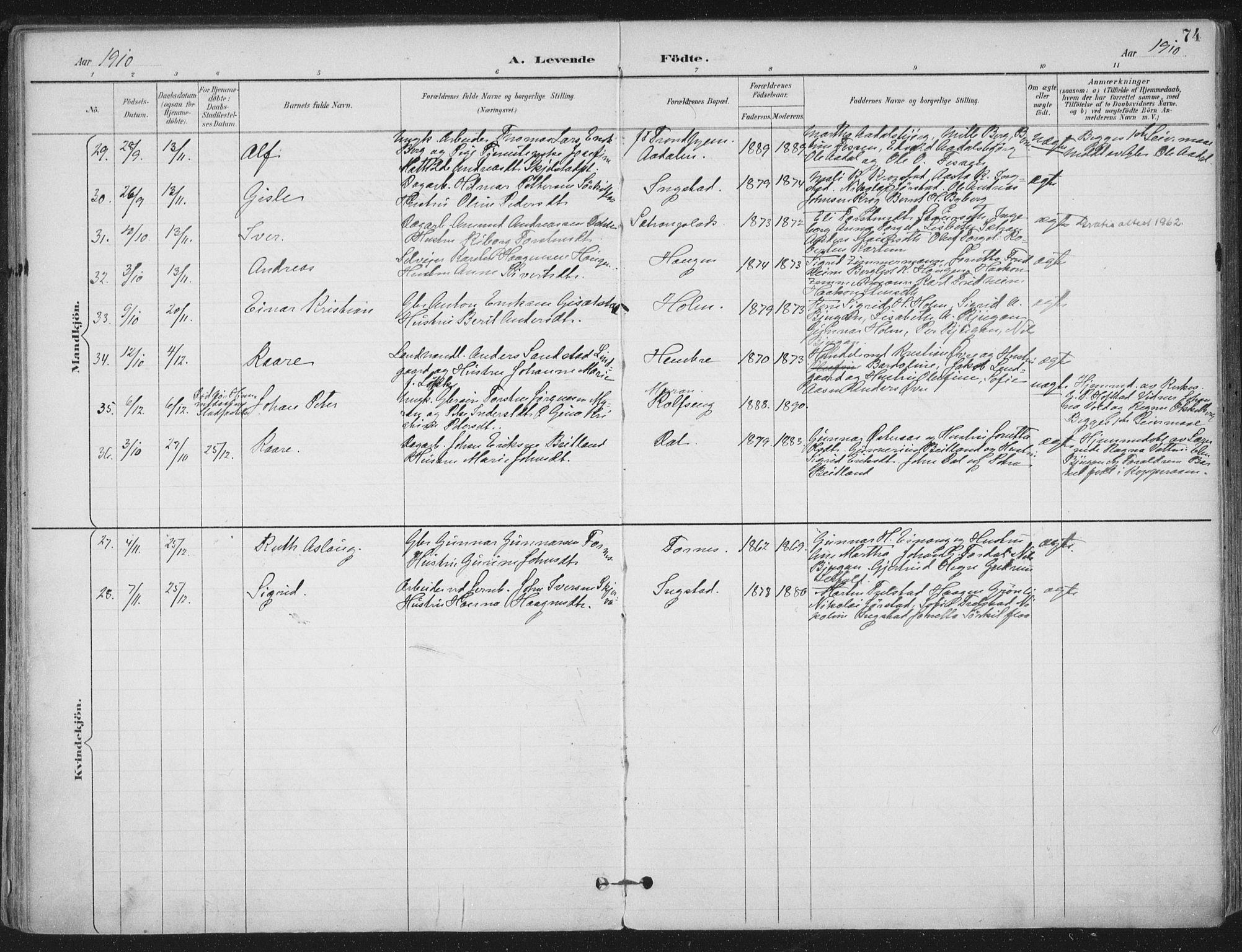 Ministerialprotokoller, klokkerbøker og fødselsregistre - Nord-Trøndelag, SAT/A-1458/703/L0031: Parish register (official) no. 703A04, 1893-1914, p. 74