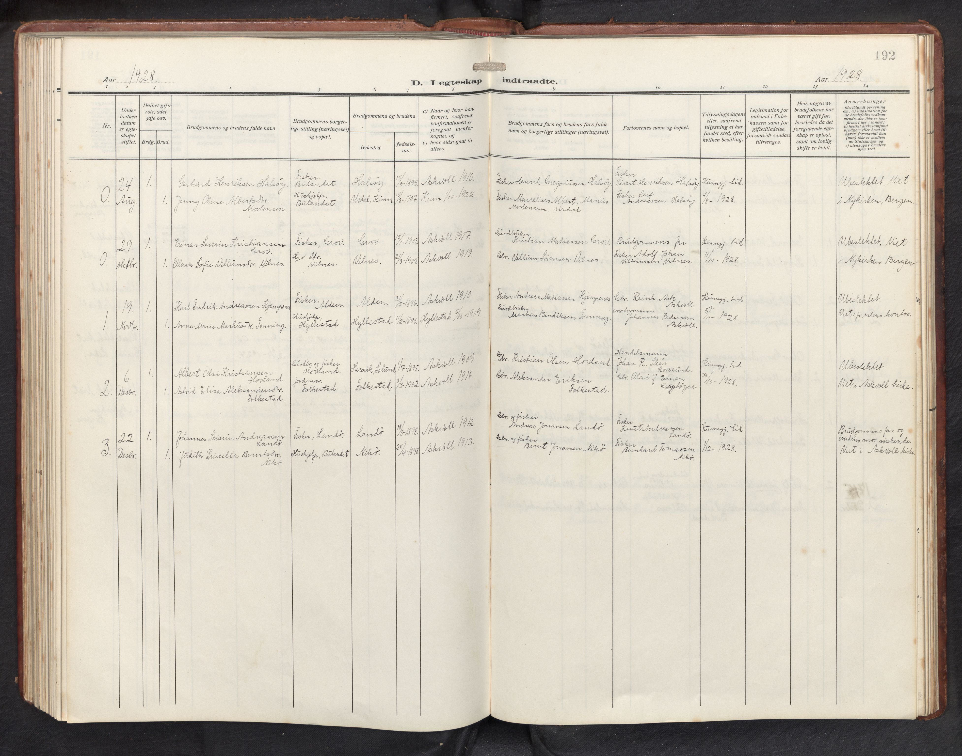 Askvoll sokneprestembete, SAB/A-79501/H/Hab/Habb/L0002: Parish register (copy) no. B 2, 1910-1947, p. 191b-192a
