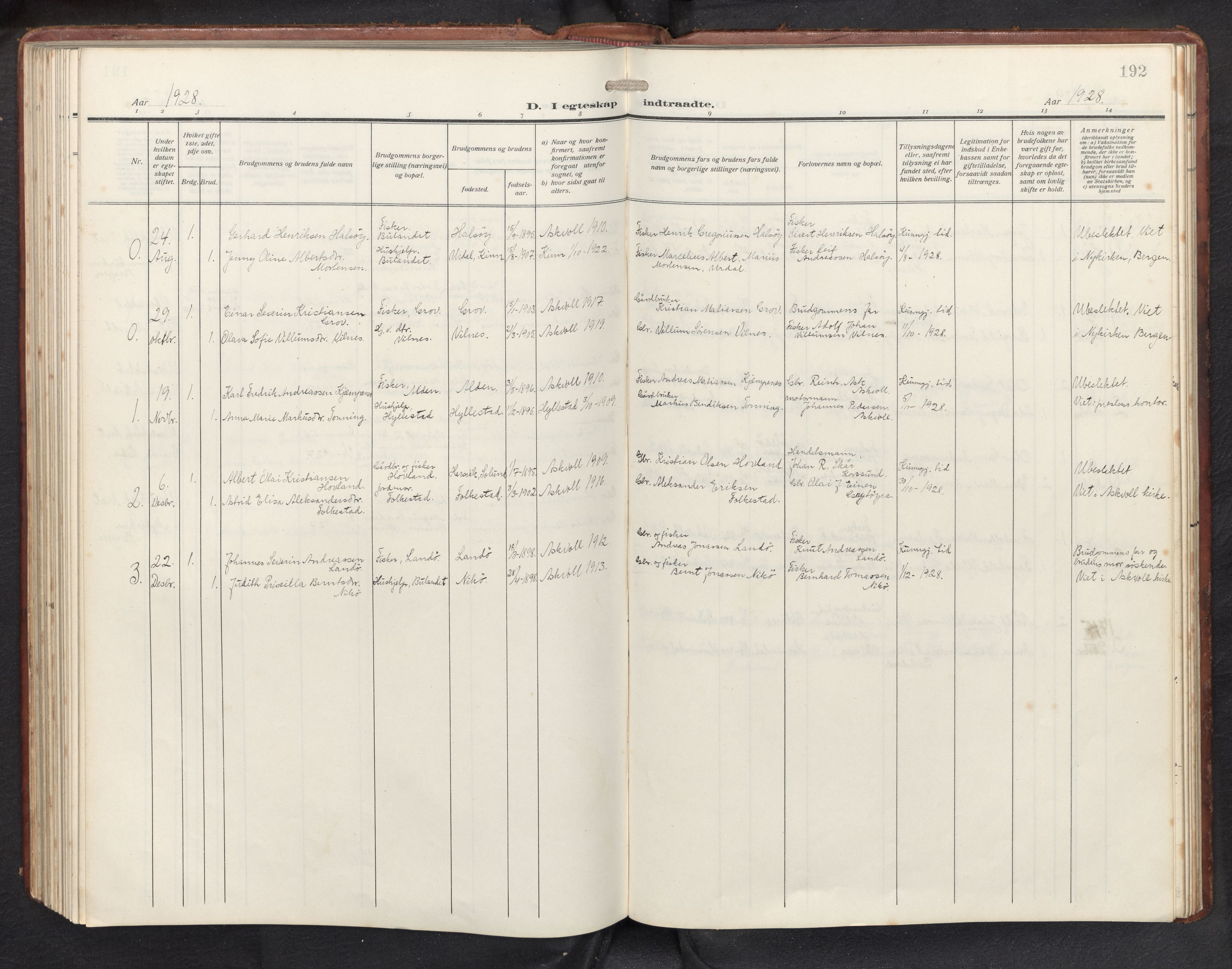 Askvoll sokneprestembete, AV/SAB-A-79501/H/Hab/Habb/L0002: Parish register (copy) no. B 2, 1910-1947, p. 191b-192a