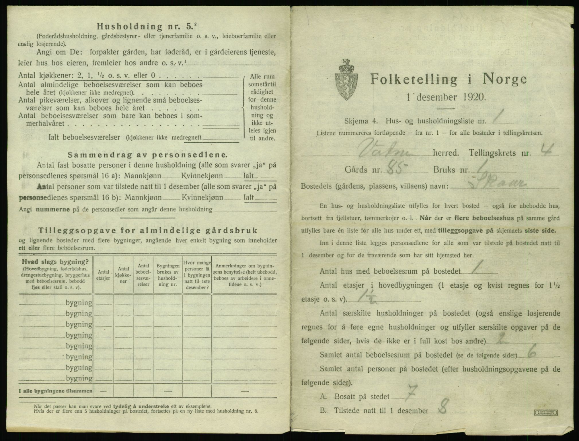 SAT, 1920 census for Vatne, 1920, p. 244