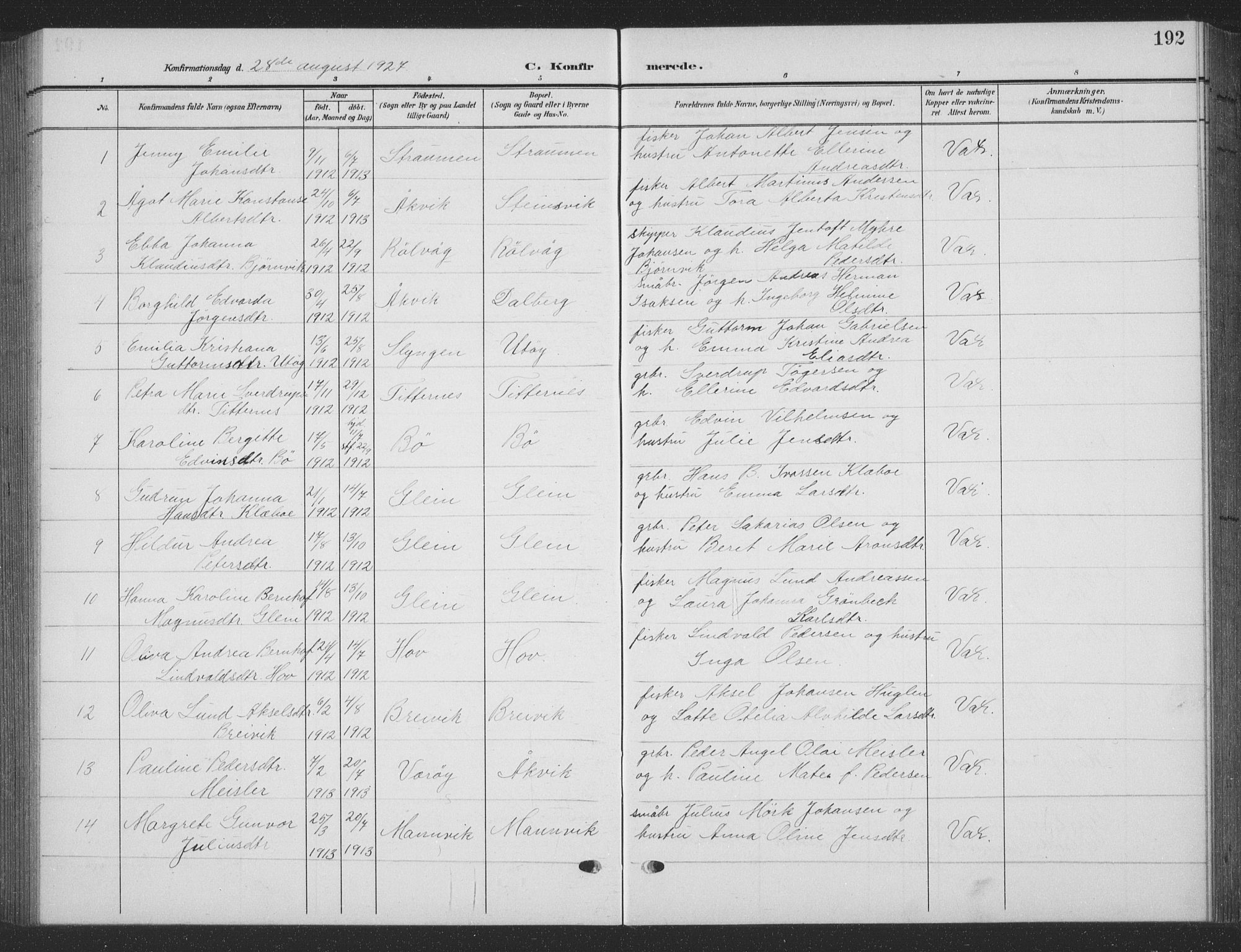 Ministerialprotokoller, klokkerbøker og fødselsregistre - Nordland, AV/SAT-A-1459/835/L0533: Parish register (copy) no. 835C05, 1906-1939, p. 192