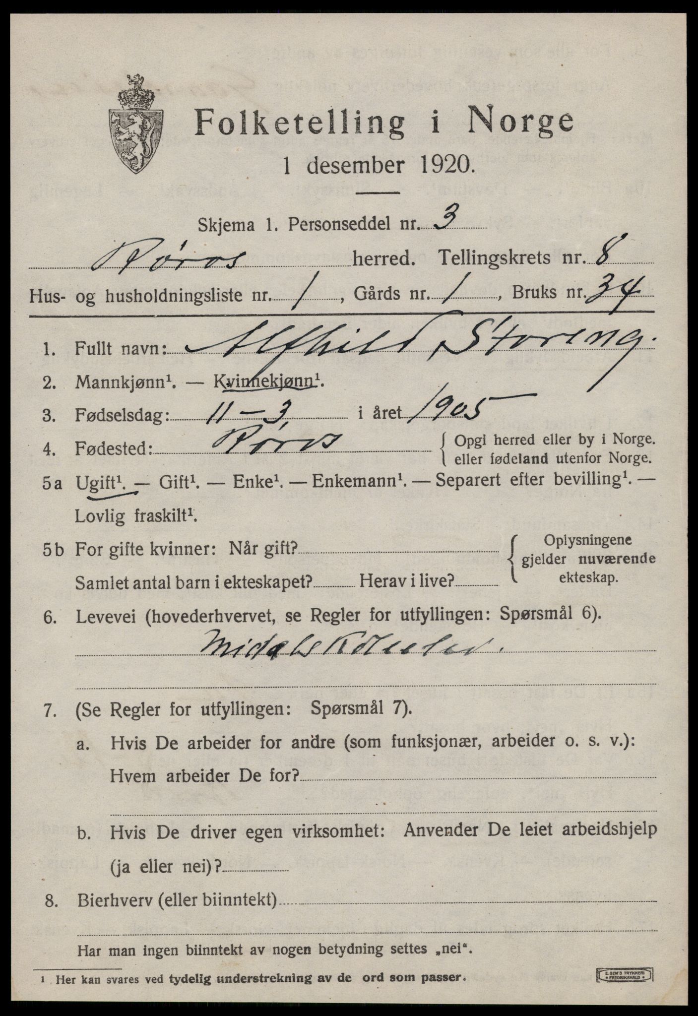 SAT, 1920 census for Røros, 1920, p. 7360