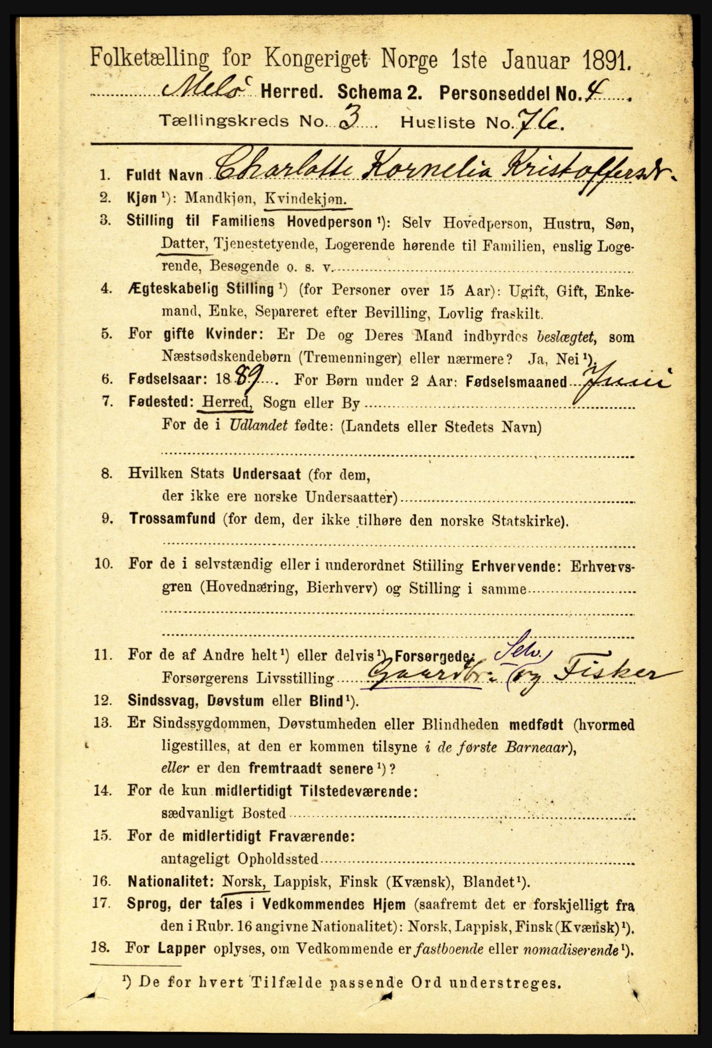 RA, 1891 census for 1837 Meløy, 1891, p. 1411