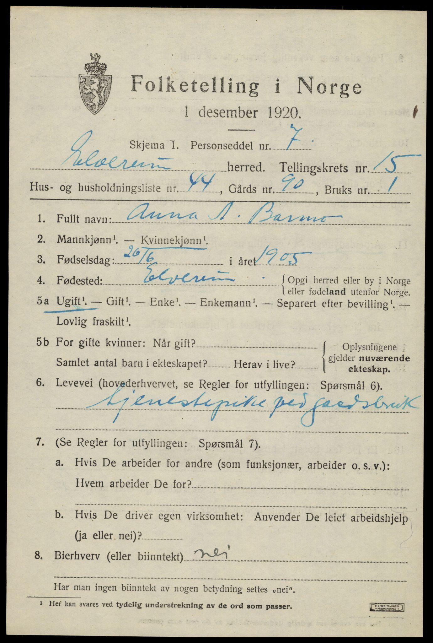 SAH, 1920 census for Elverum, 1920, p. 19728