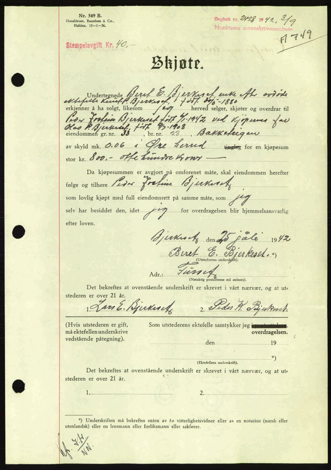 Nordmøre sorenskriveri, AV/SAT-A-4132/1/2/2Ca: Mortgage book no. A93, 1942-1942, Diary no: : 2428/1942