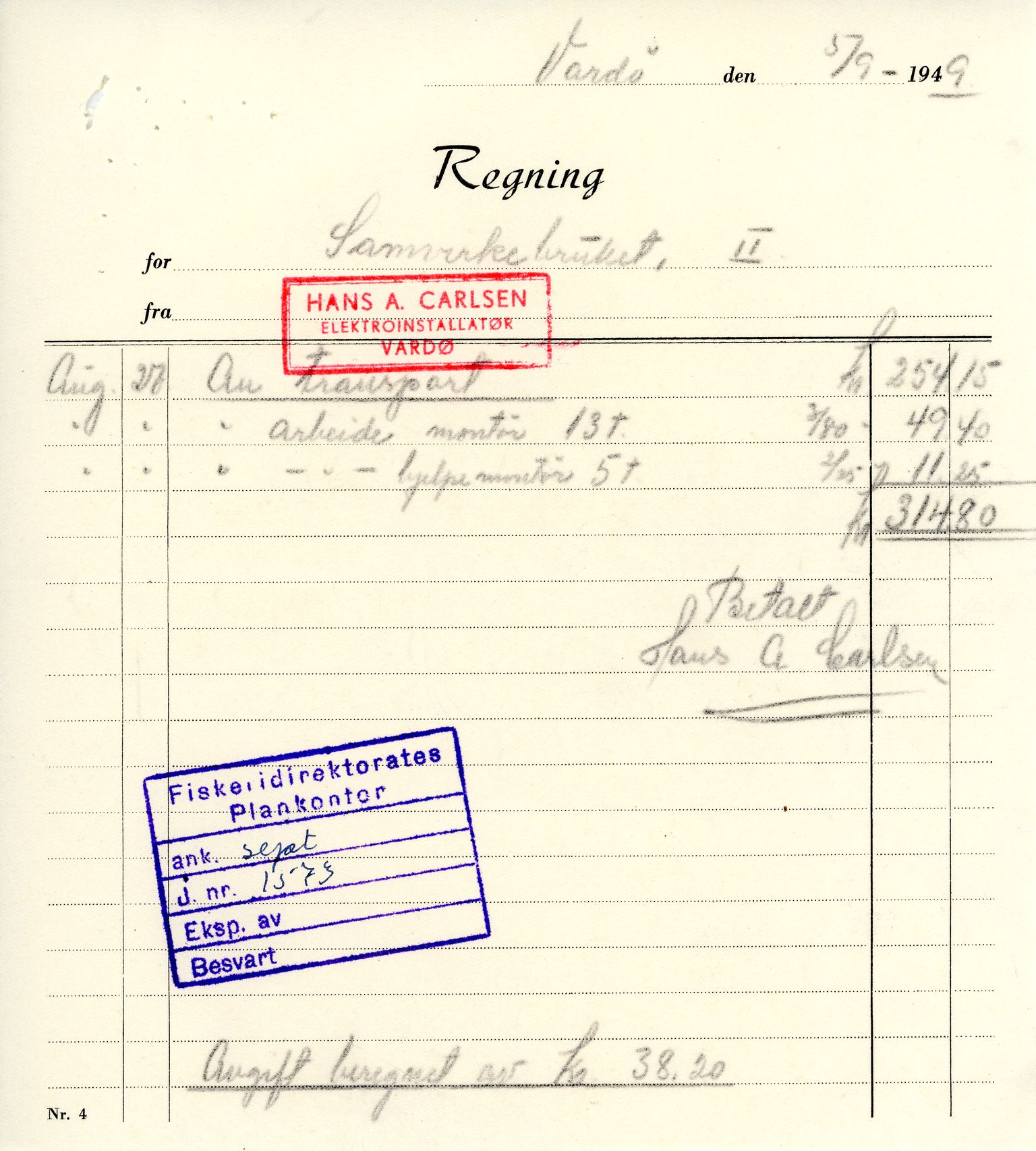 Vardø Fiskersamvirkelag, VAMU/A-0037/D/Da/L0002: Korrespondanse Er-Fi, 1946-1951