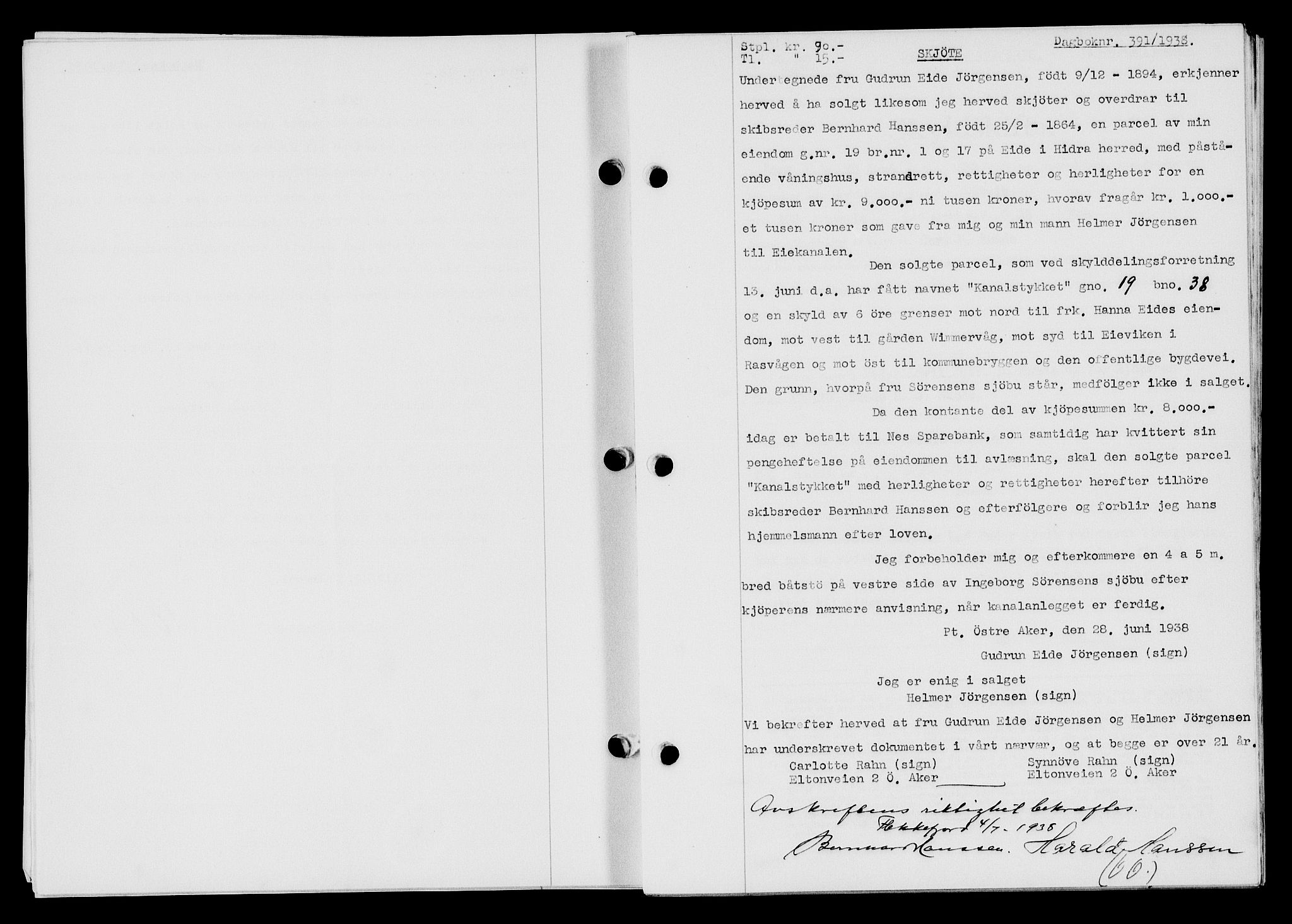 Flekkefjord sorenskriveri, SAK/1221-0001/G/Gb/Gba/L0054: Mortgage book no. A-2, 1937-1938, Diary no: : 391/1938