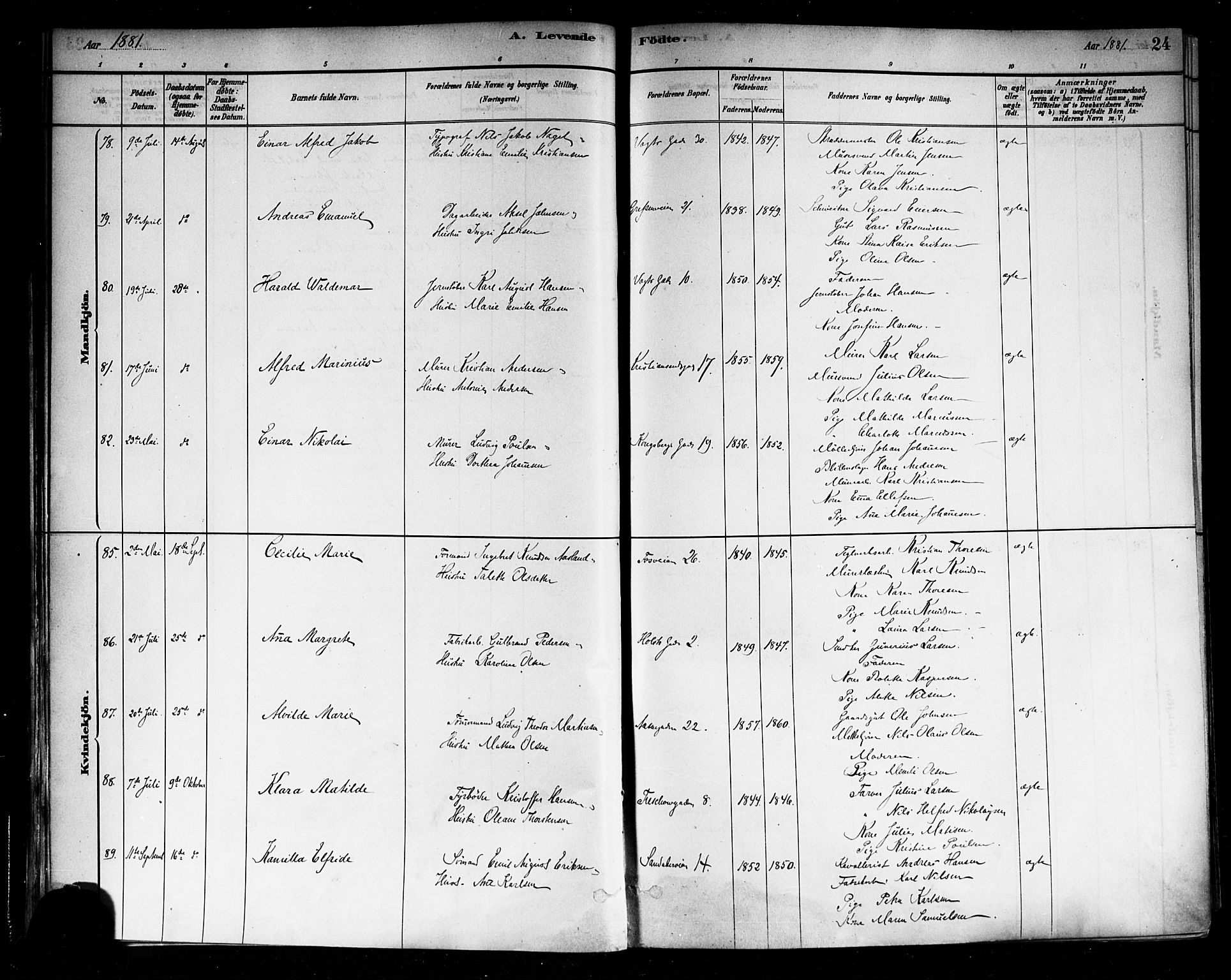 Sagene prestekontor Kirkebøker, AV/SAO-A-10796/F/L0001: Parish register (official) no. 1, 1880-1893, p. 24