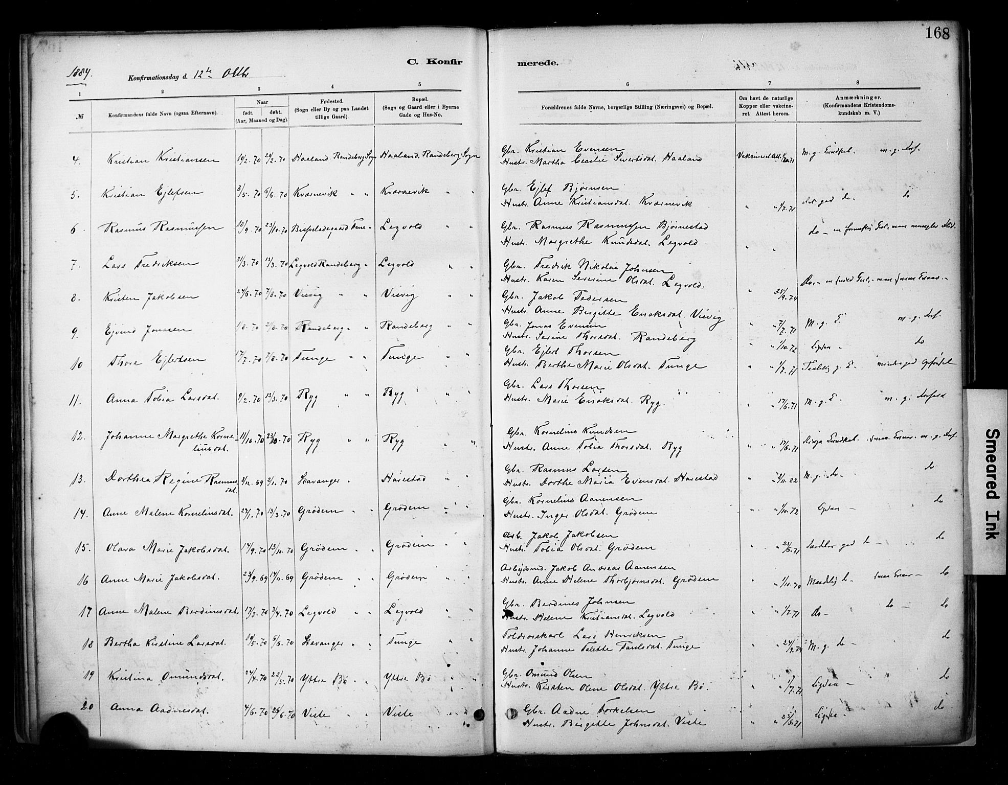 Hetland sokneprestkontor, SAST/A-101826/30/30BA/L0009: Parish register (official) no. A 9, 1882-1918, p. 168