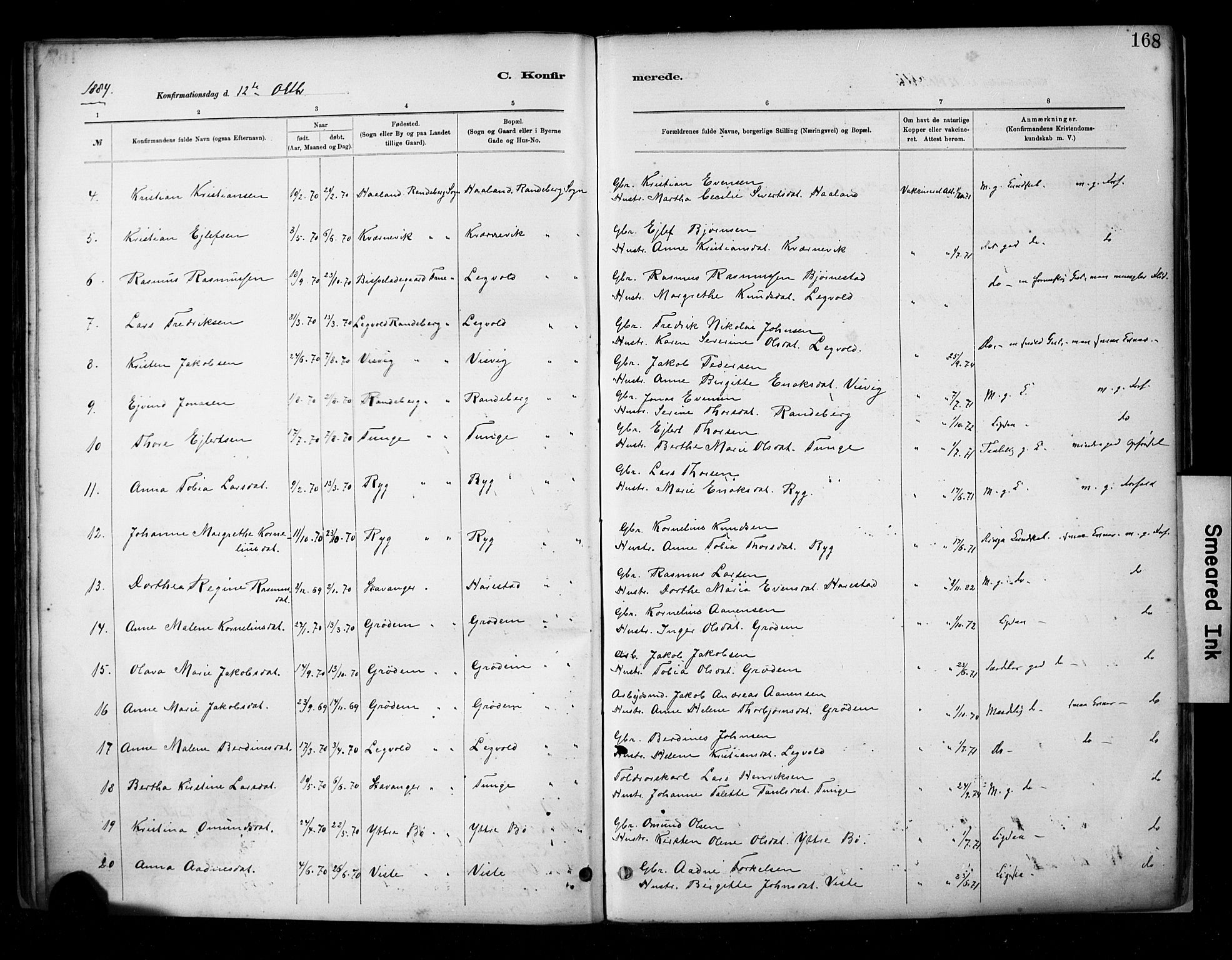 Hetland sokneprestkontor, AV/SAST-A-101826/30/30BA/L0009: Parish register (official) no. A 9, 1882-1918, p. 168