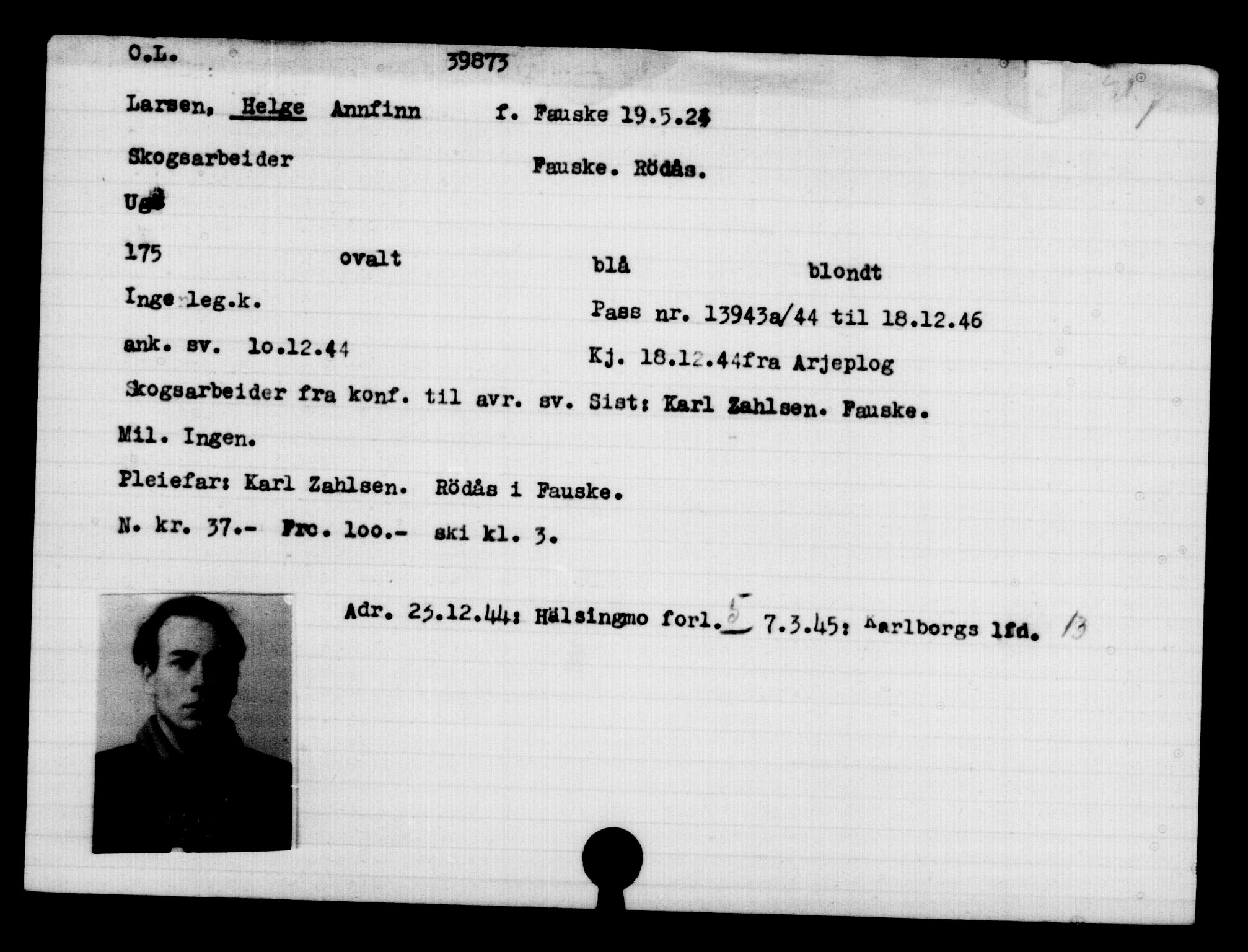 Utenriksstasjonene, Legasjonen i Stockholm, Flyktningkontoret, AV/RA-S-6753/V/Va/L0015: Kjesäterkartoteket, flyktninger med registreringsnr. 37800-40770, 1940-1945, p. 2140