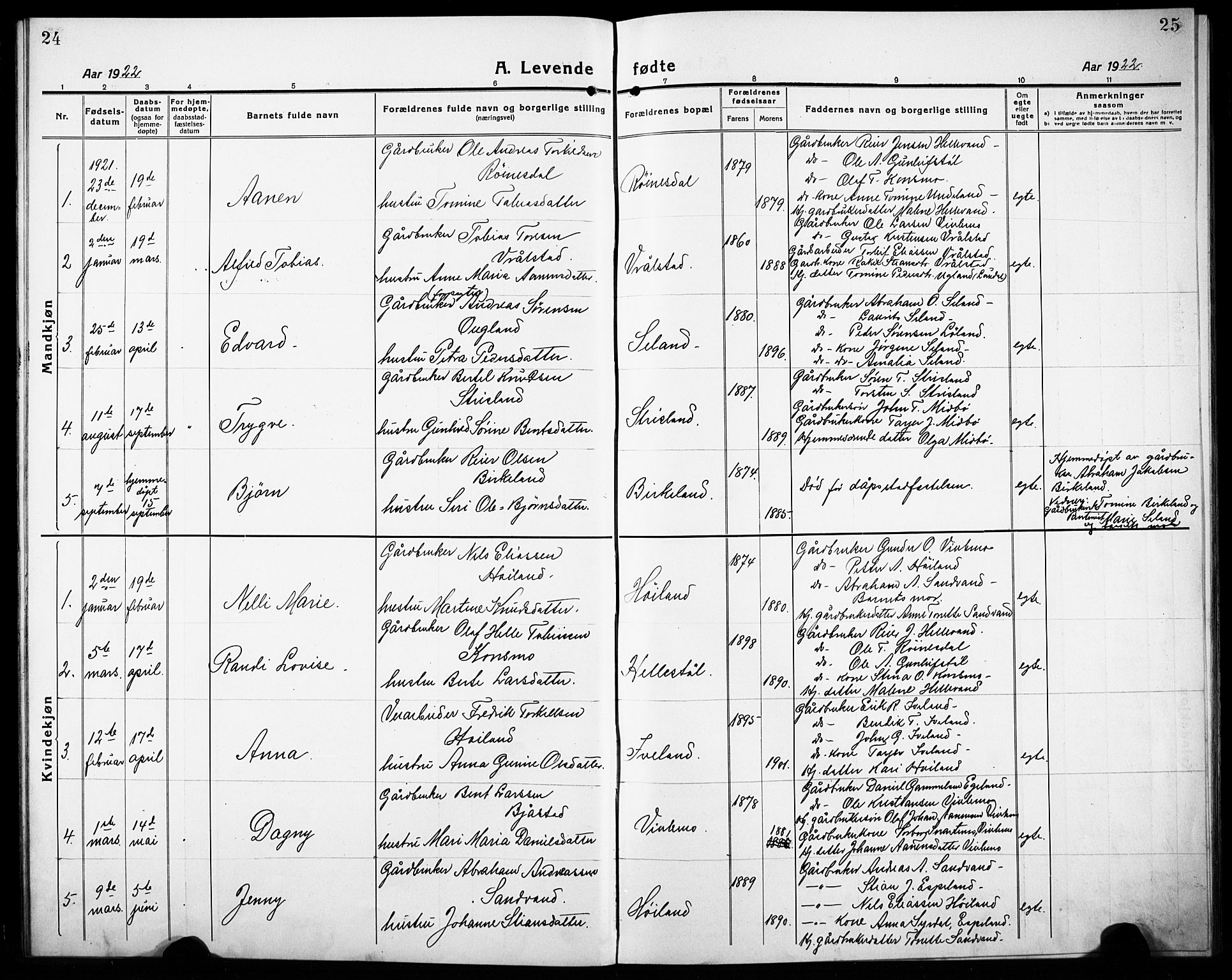 Nord-Audnedal sokneprestkontor, AV/SAK-1111-0032/F/Fb/Fba/L0005: Parish register (copy) no. B 5, 1918-1932, p. 24-25