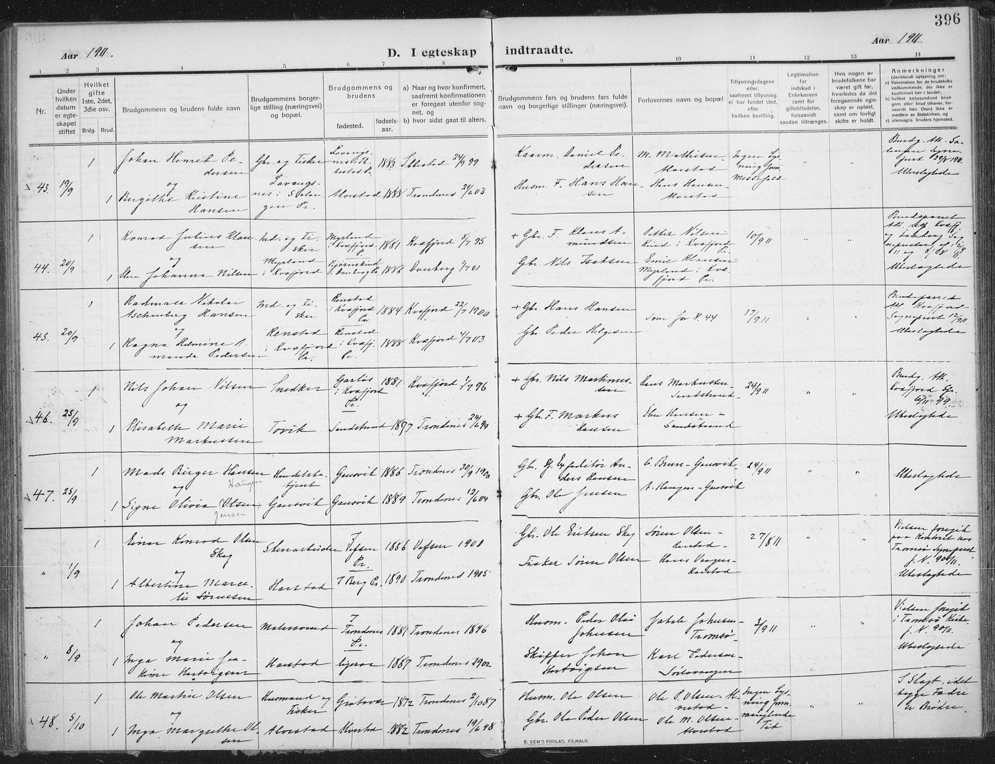 Trondenes sokneprestkontor, AV/SATØ-S-1319/H/Ha/L0018kirke: Parish register (official) no. 18, 1909-1918, p. 396