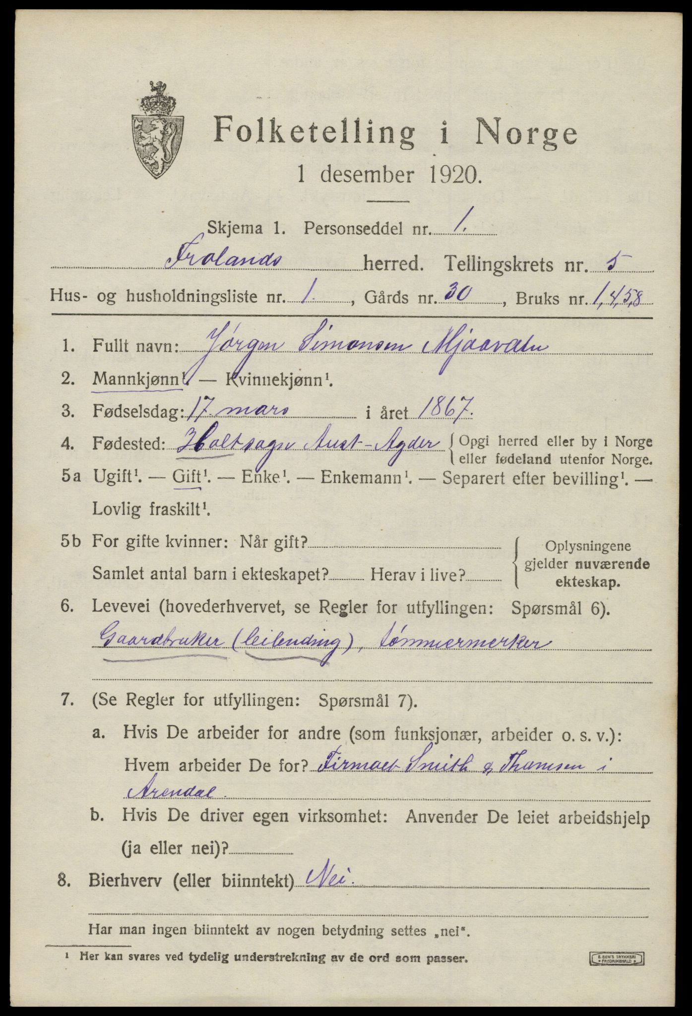 SAK, 1920 census for Froland, 1920, p. 3625