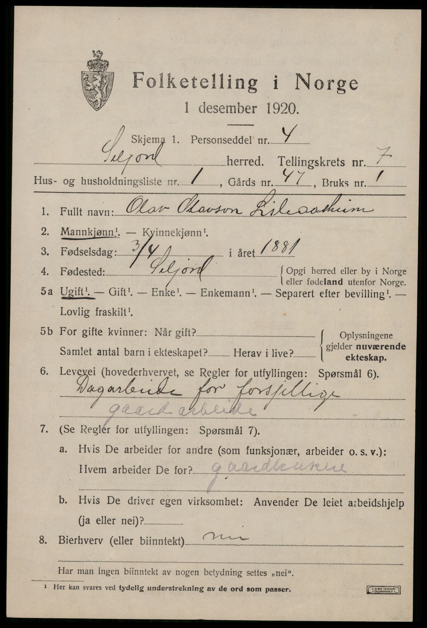 SAKO, 1920 census for Seljord, 1920, p. 3684