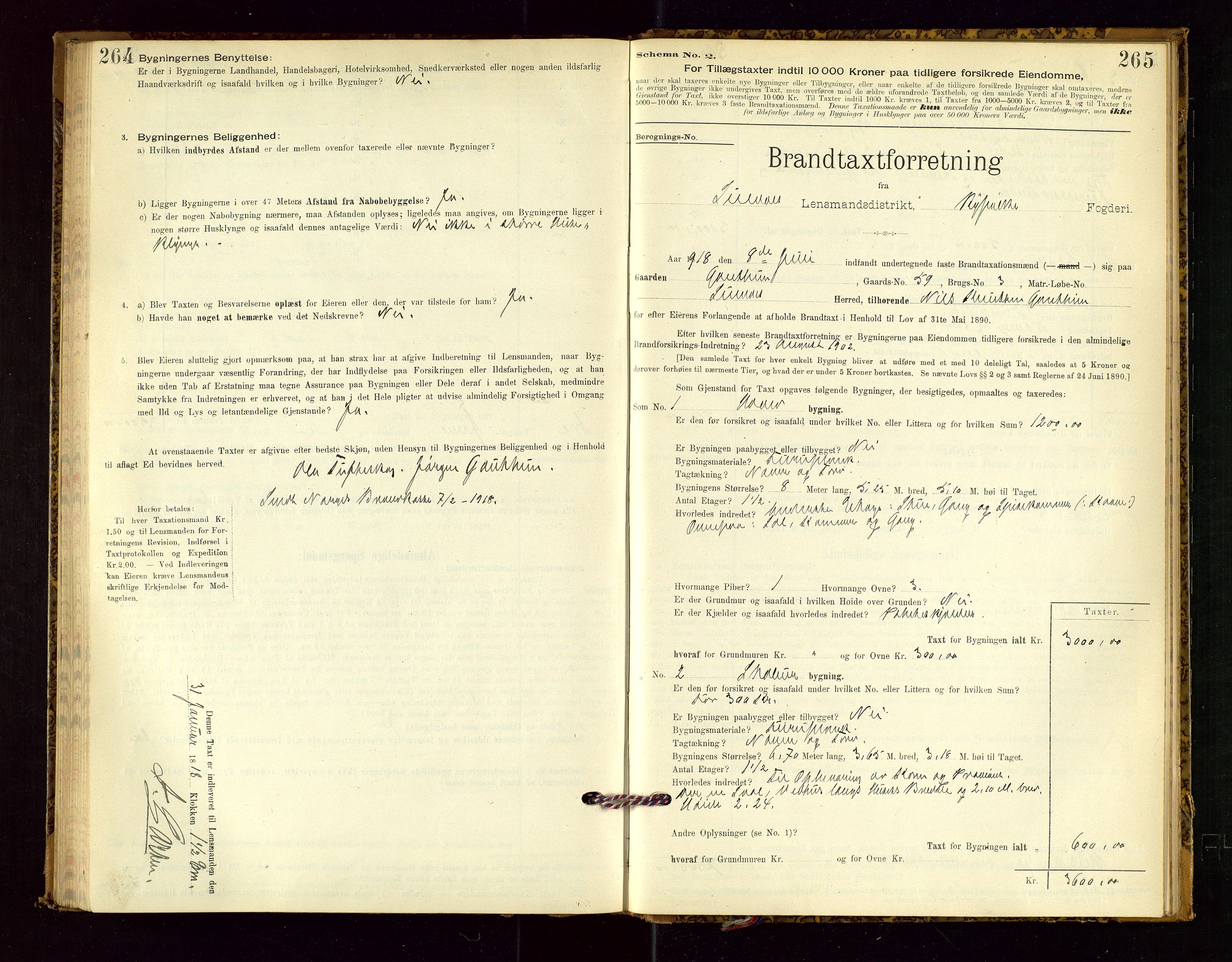 Suldal lensmannskontor, SAST/A-100419/Gob/L0001: "Brandtaxationsprotokol", 1894-1923, p. 264-265