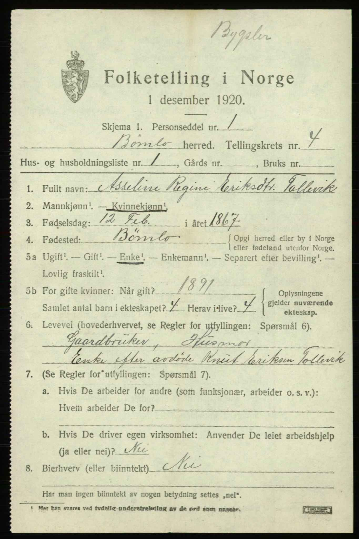 SAB, 1920 census for Bømlo, 1920, p. 2857