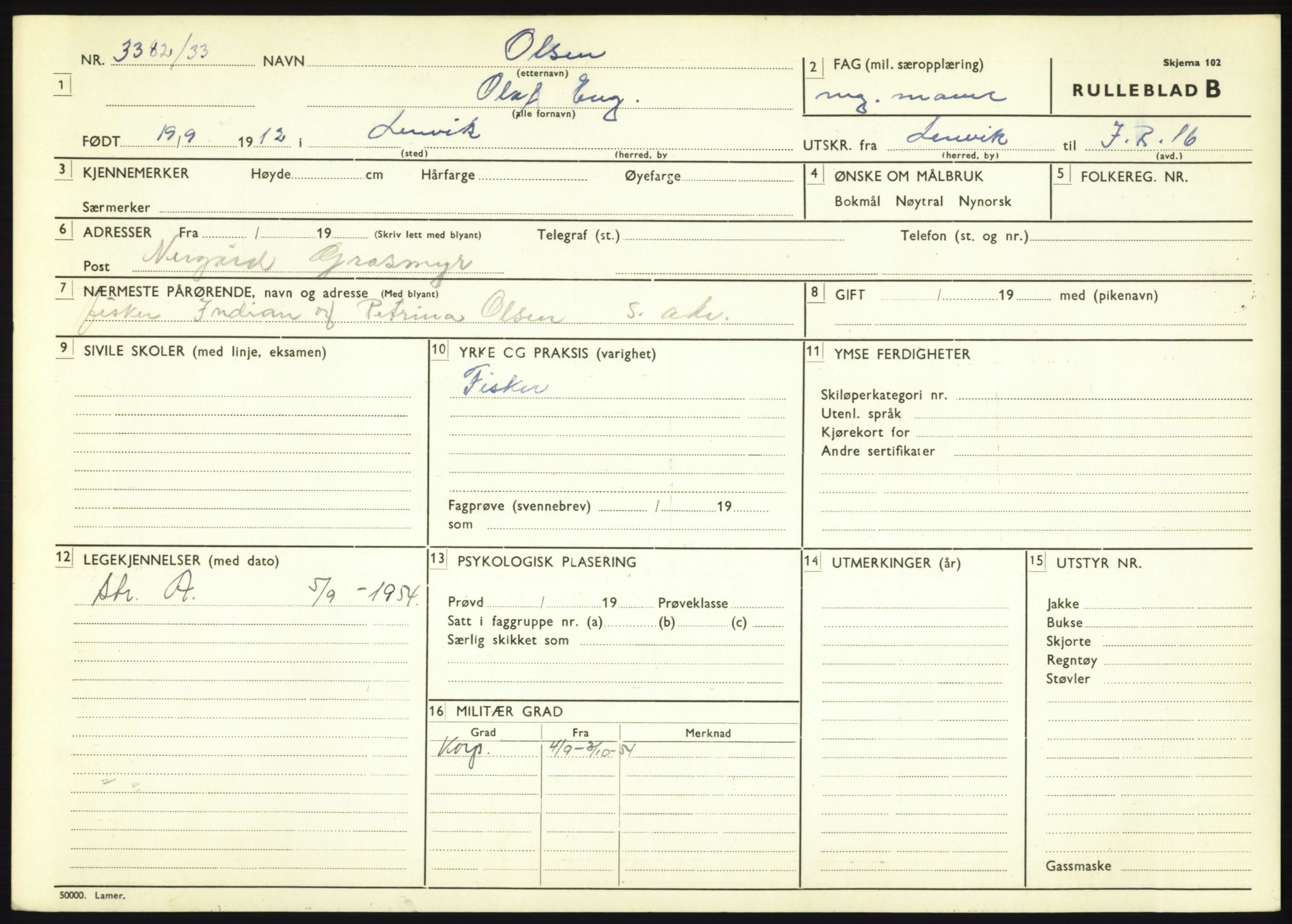 Forsvaret, Troms infanteriregiment nr. 16, AV/RA-RAFA-3146/P/Pa/L0017: Rulleblad for regimentets menige mannskaper, årsklasse 1933, 1933, p. 961