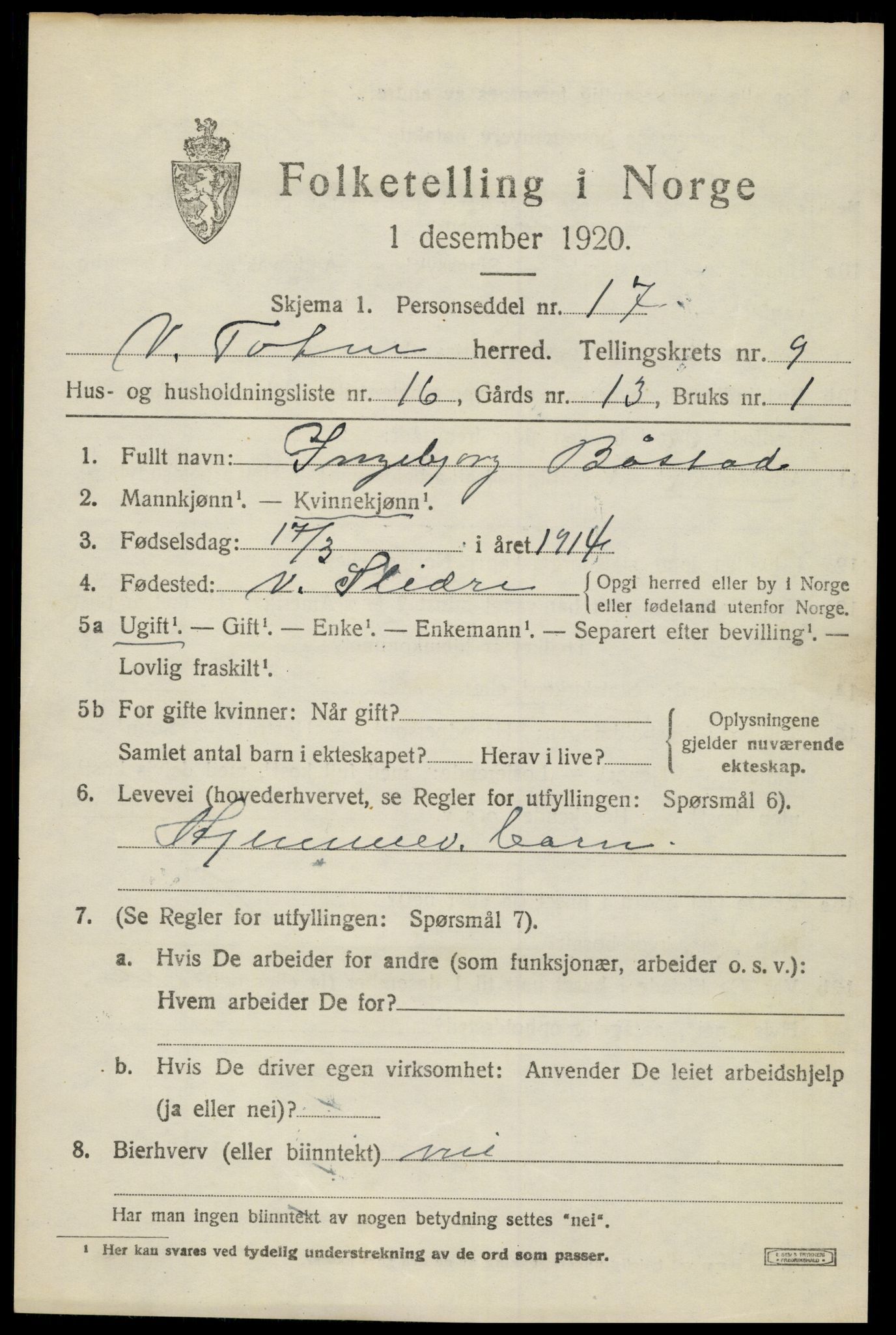 SAH, 1920 census for Vestre Toten, 1920, p. 11422