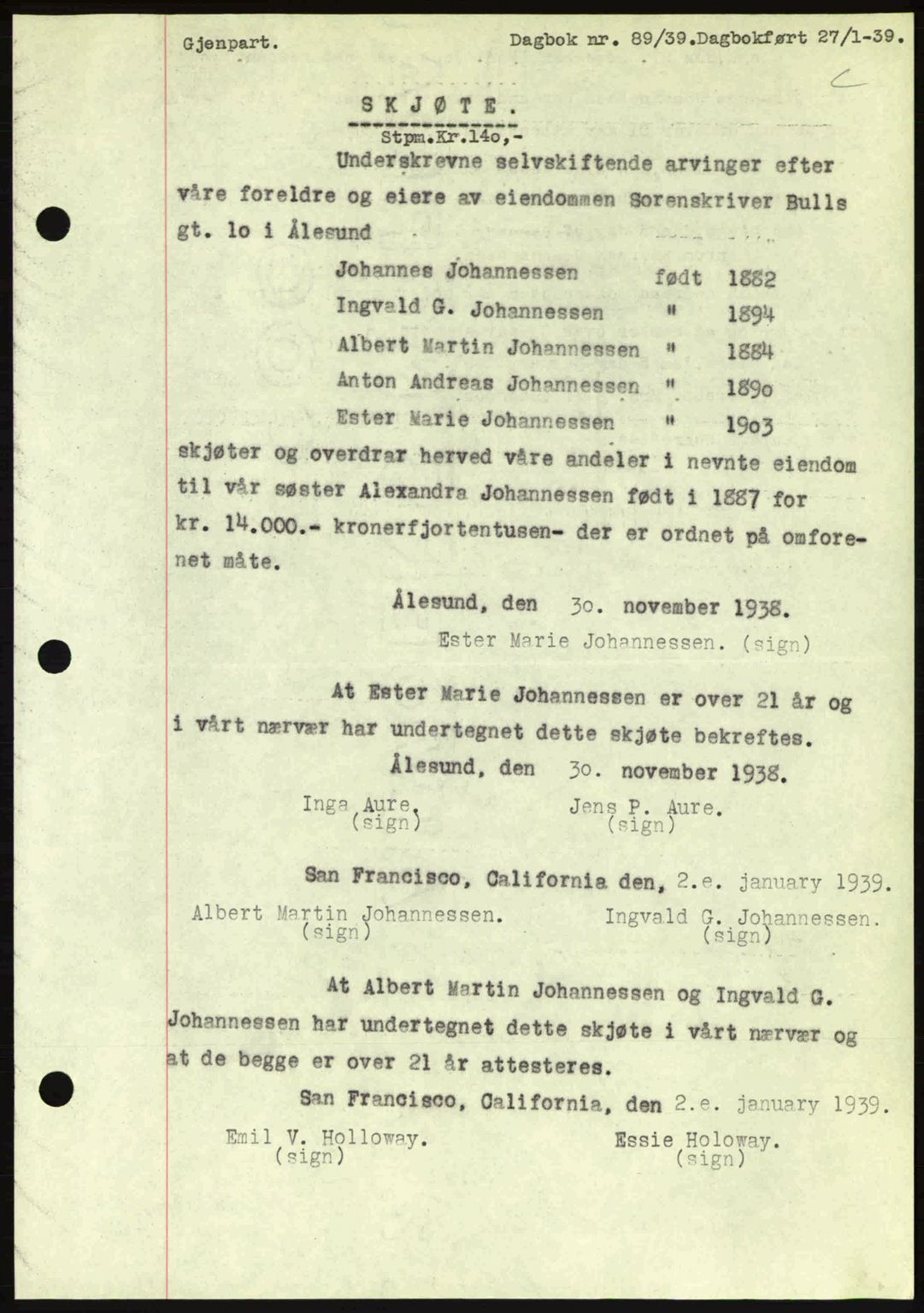 Ålesund byfogd, AV/SAT-A-4384: Mortgage book no. 34 II, 1938-1940, Diary no: : 89/1939