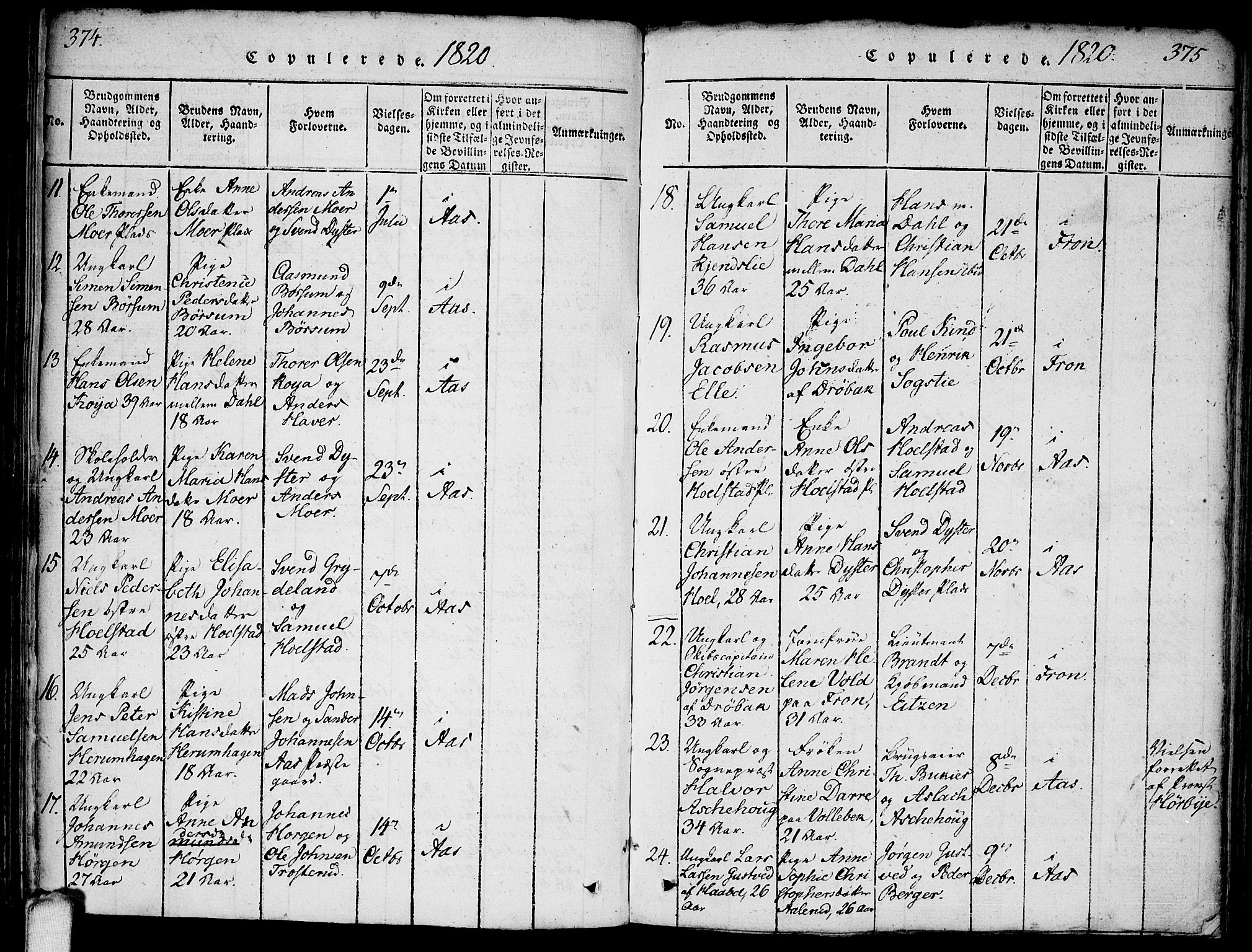 Ås prestekontor Kirkebøker, AV/SAO-A-10894/F/Fa/L0004: Parish register (official) no. I 4, 1818-1826, p. 374-375