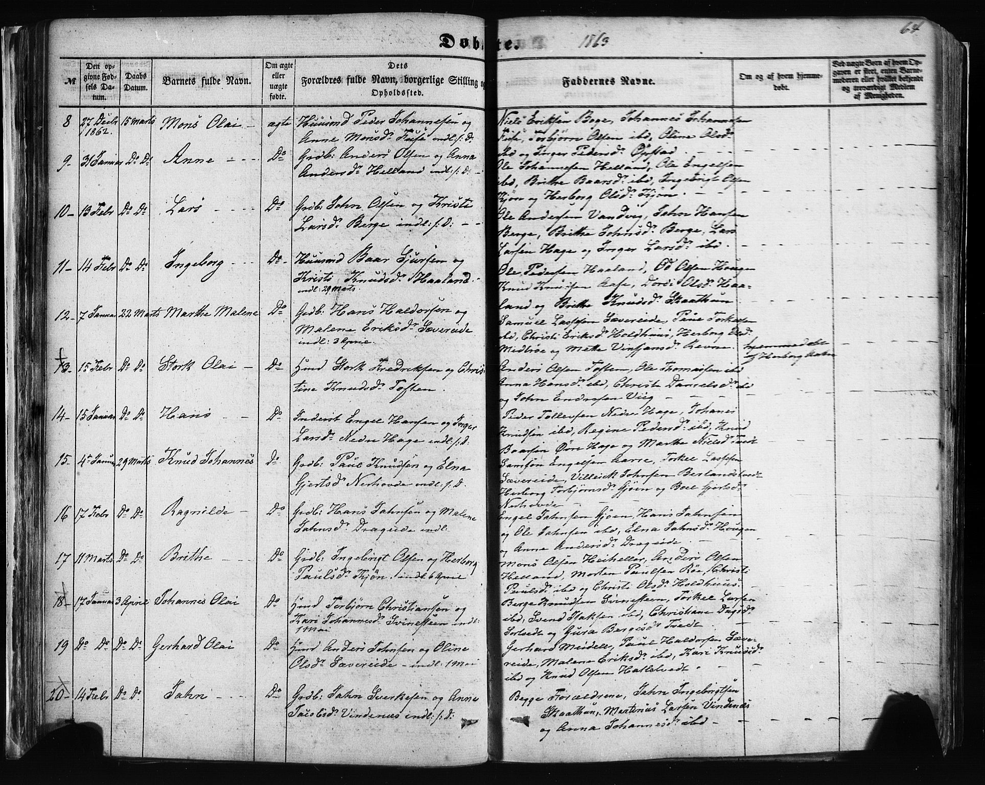 Fusa sokneprestembete, AV/SAB-A-75401/H/Haa: Parish register (official) no. A 1I, 1855-1879, p. 64