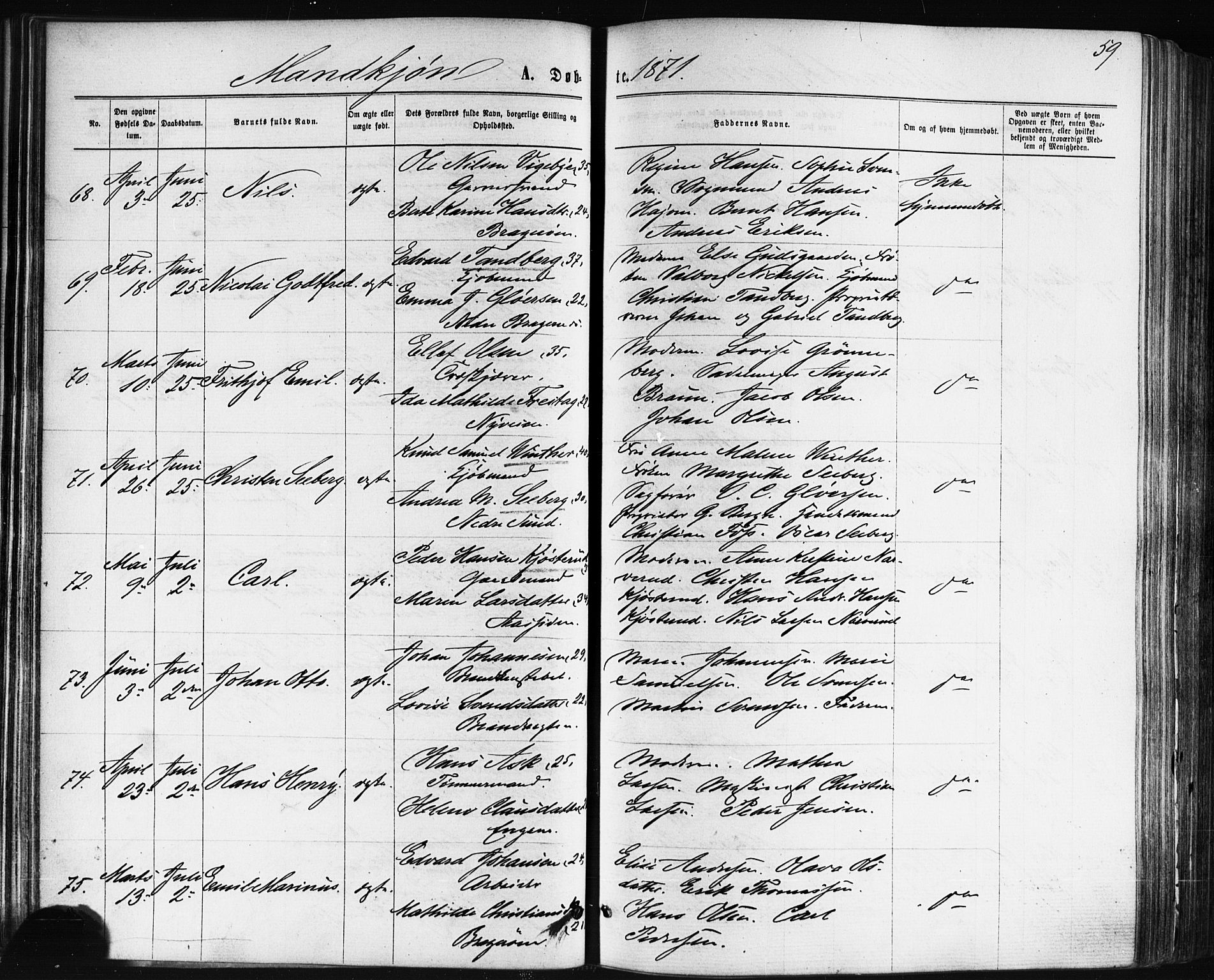 Bragernes kirkebøker, AV/SAKO-A-6/F/Fb/L0004: Parish register (official) no. II 4, 1869-1875, p. 59