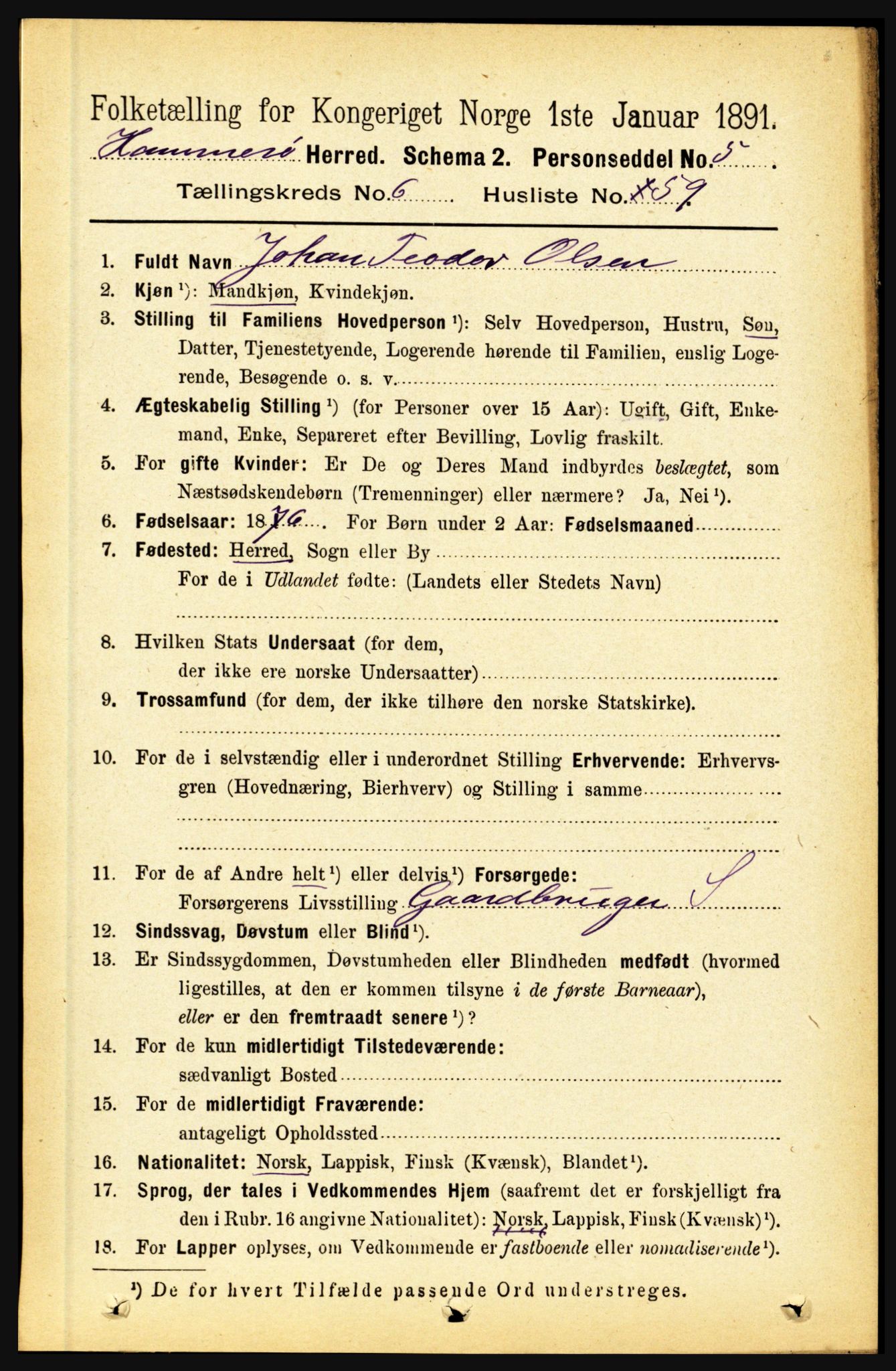 RA, 1891 census for 1849 Hamarøy, 1891, p. 3358