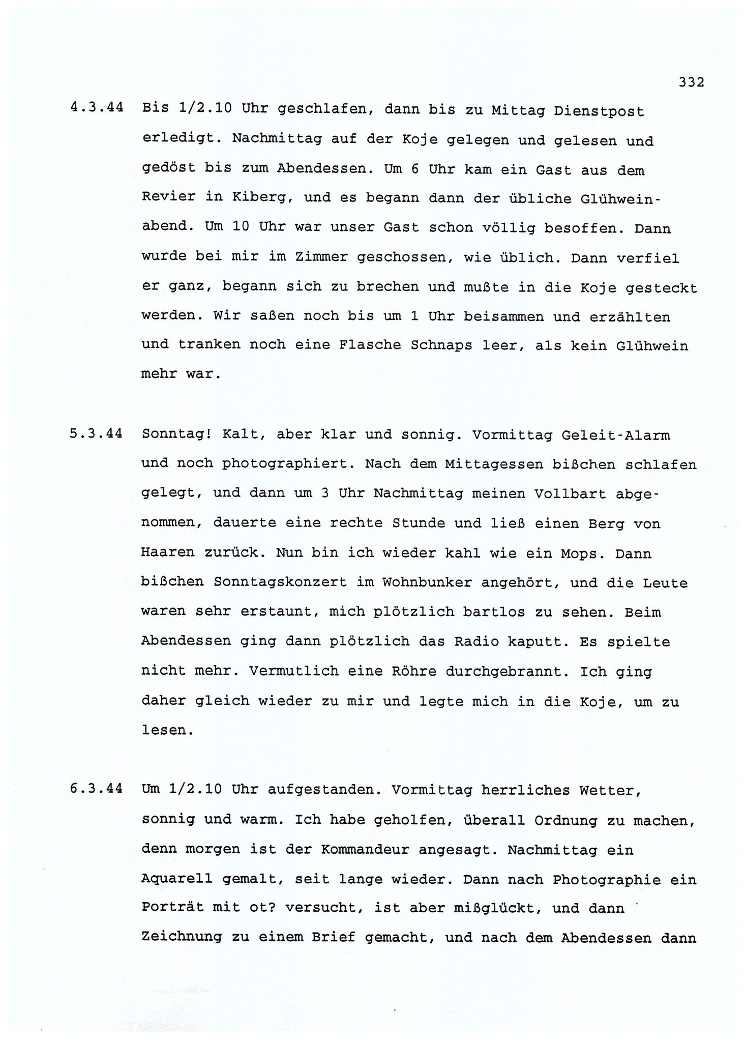 Dagbokopptegnelser av en tysk marineoffiser stasjonert i Norge , FMFB/A-1160/F/L0001: Dagbokopptegnelser av en tysk marineoffiser stasjonert i Norge, 1941-1944, p. 332