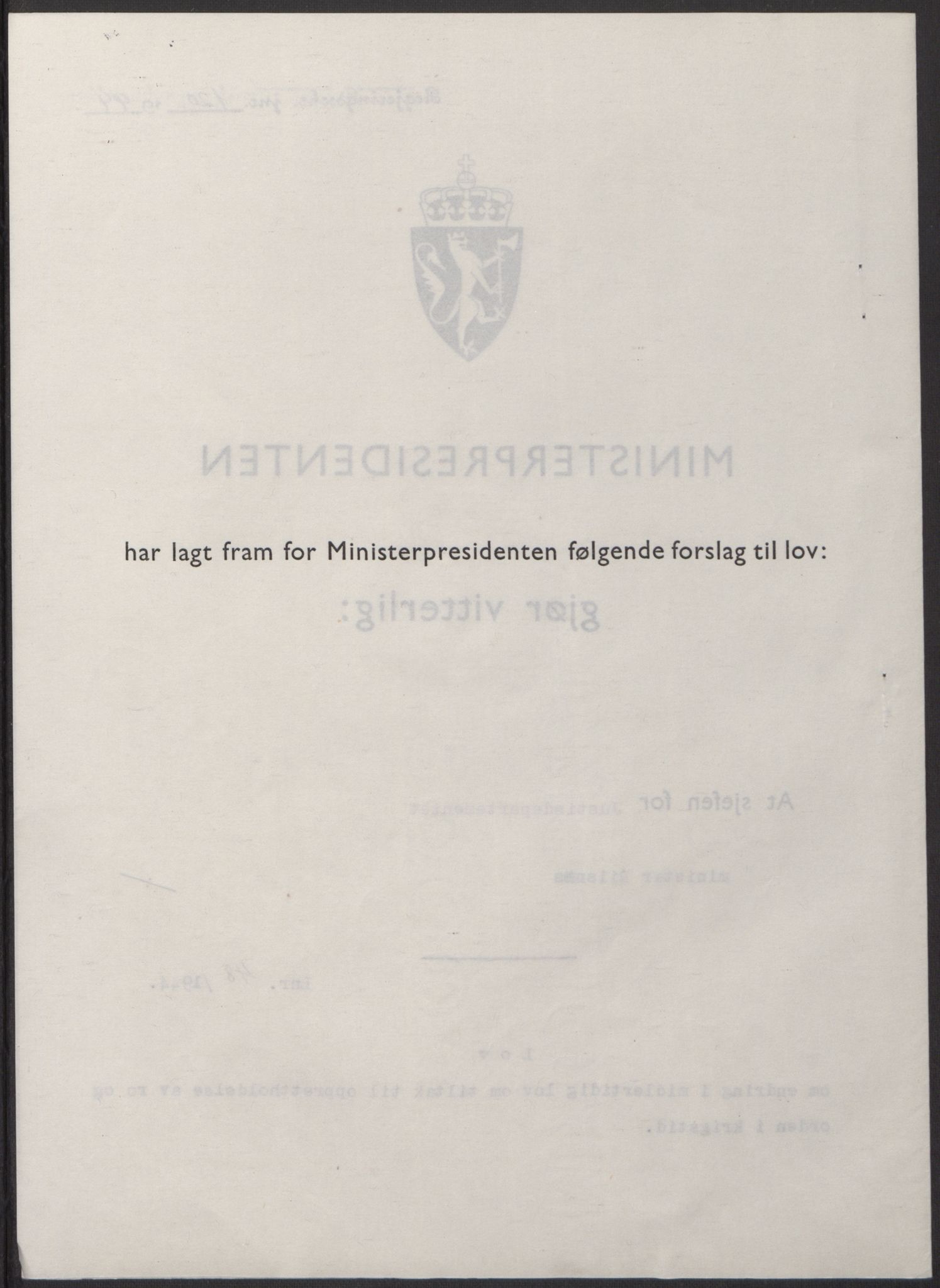 NS-administrasjonen 1940-1945 (Statsrådsekretariatet, de kommisariske statsråder mm), AV/RA-S-4279/D/Db/L0100: Lover, 1944, p. 227